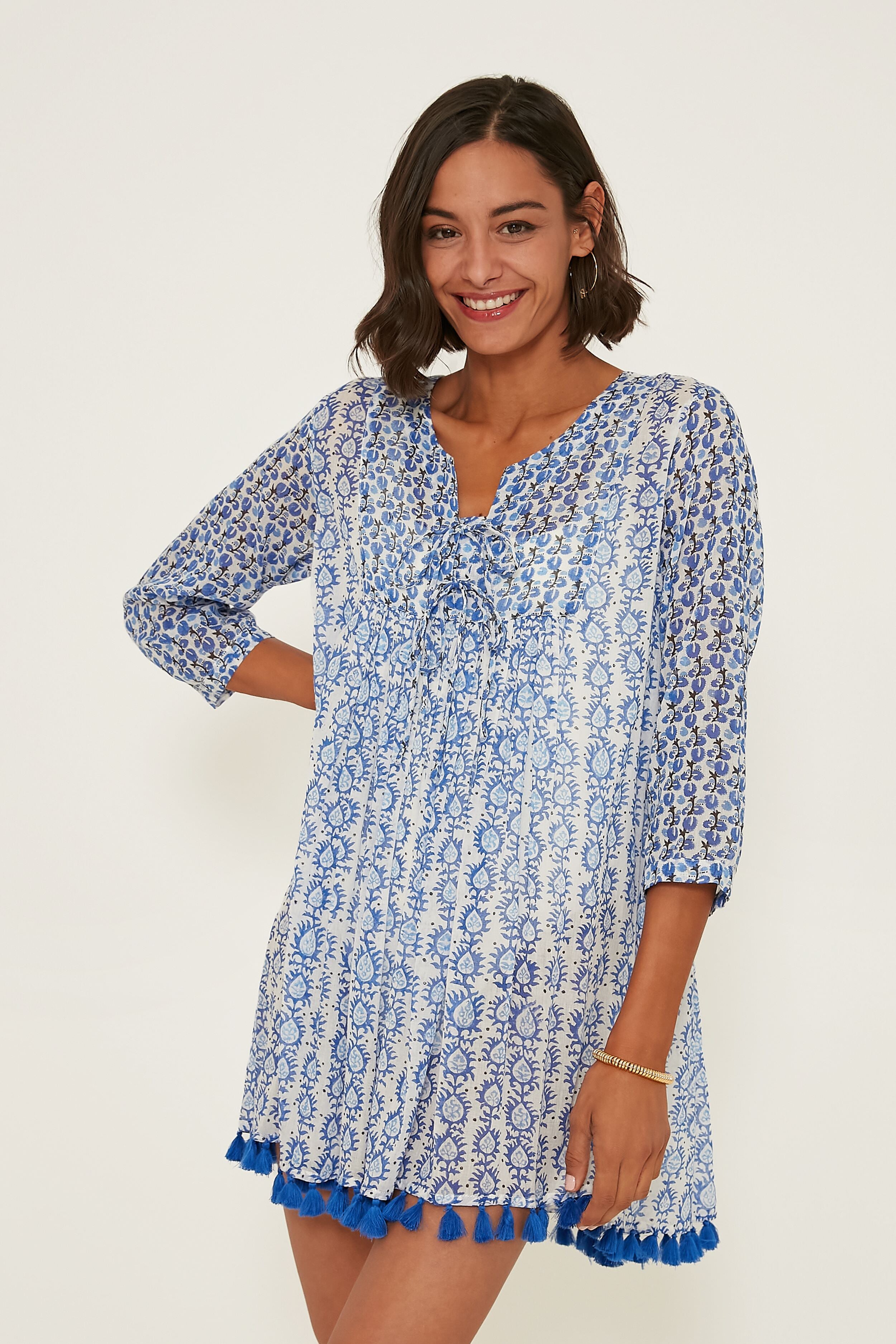 Blue Lavinia Seychelles Tunic - Women's Flowy Beach Cover Up Dress for Summer Vacation, Poolside & Tropical Getaways