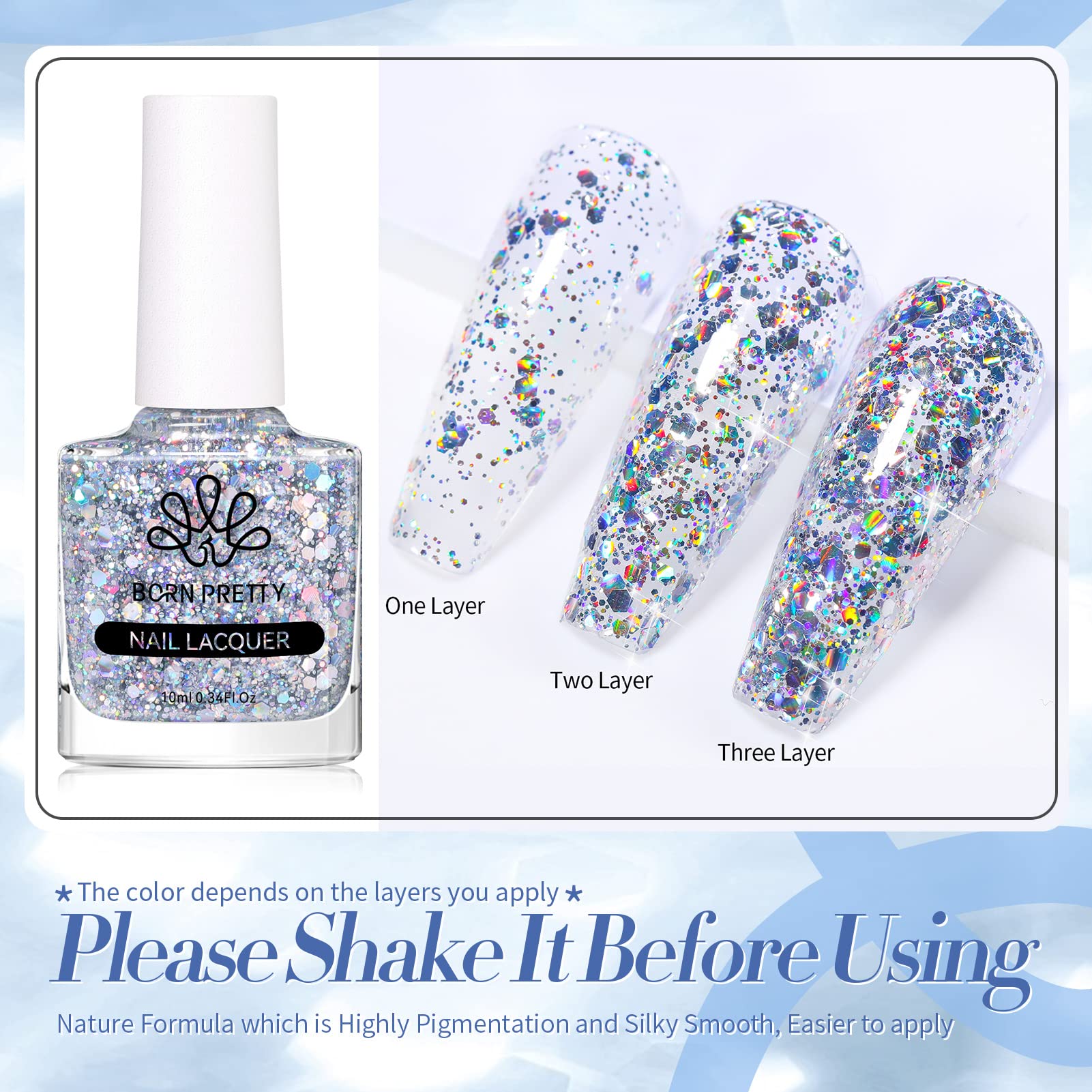 Born Pretty Holographic Nail Polish - Silver Glitter Sequins Nail Lacquer (10ml) for Manicure, Pedicure & Nail Art Designs | Long Lasting & High Shine Finish