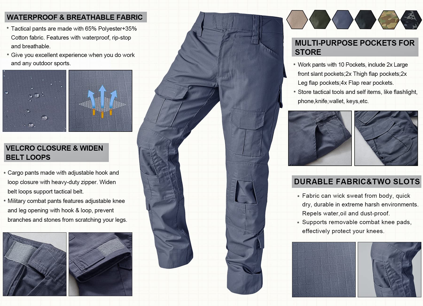 Men's Tactical Cargo Pants - Camo Ripstop Outdoor Hiking & Work Pants with Multiple Pockets (No Belt/Kneepad) - Perfect for Camping, Hunting & Construction Work