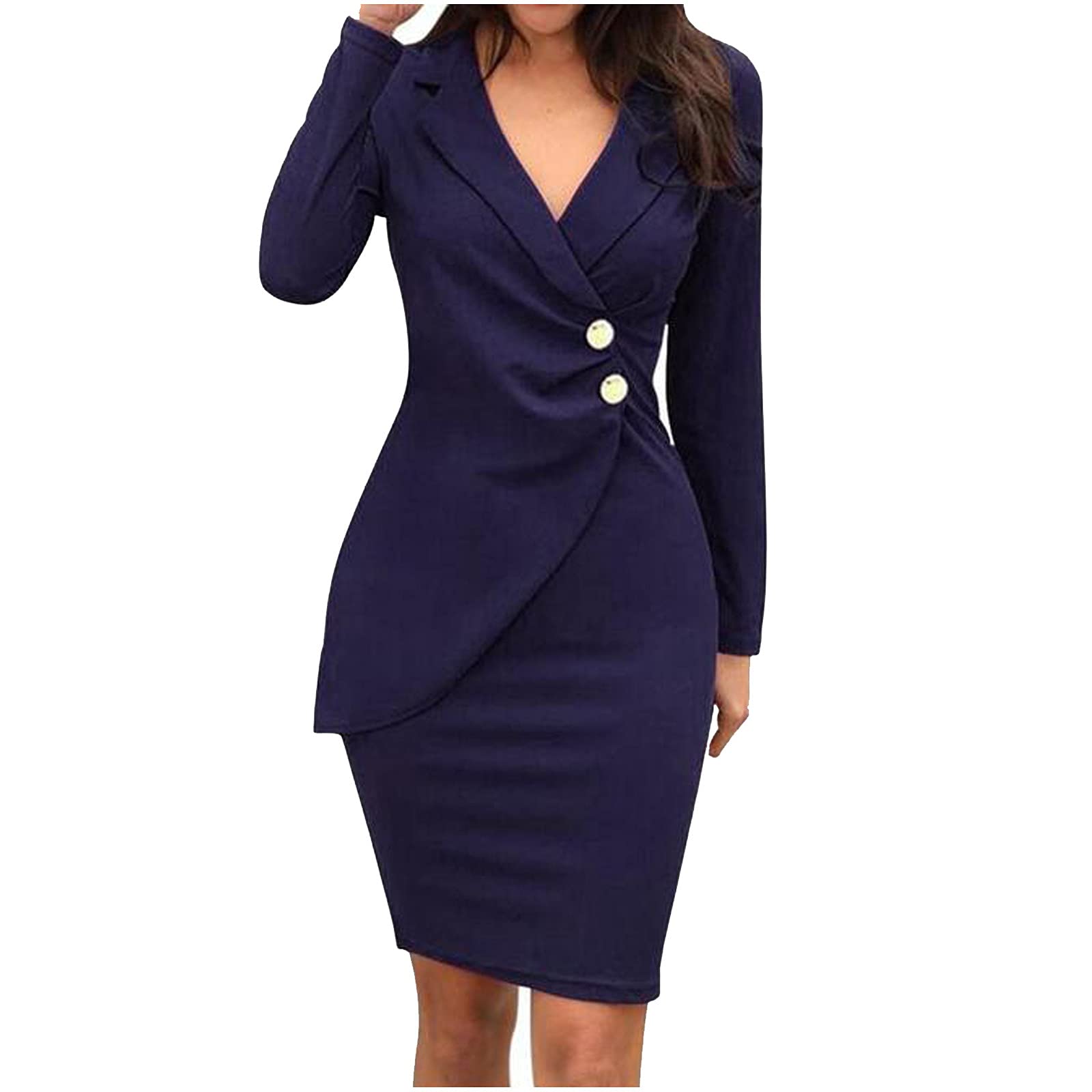 Women's Bodycon Business Blazer Dress - Long Sleeve Solid Plain Turn Down Collar Button Up Office Formal Dress for Work, Meetings & Professional Events