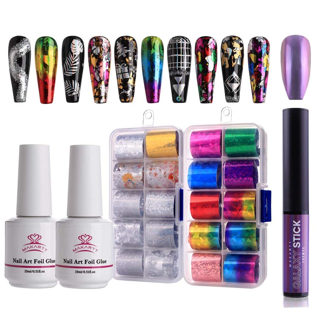 Makartt Nail Foil Glue Gel & Chrome Powder Pen Set for Galaxy Nail Art