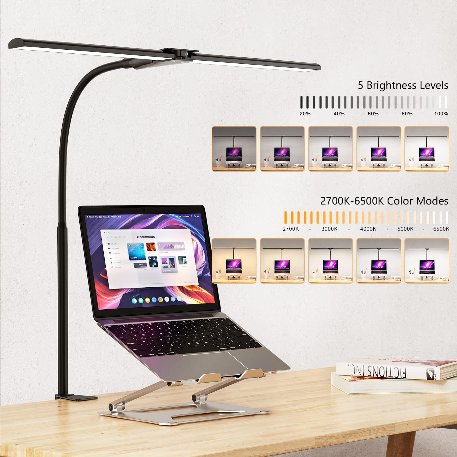 EppieBasic Adjustable Double Head LED Desk Lamp with Clamp - Eye-Caring Home Office Lighting, Flexible Gooseneck & Dimmable Monitor Light for Computer Work, Reading, and Study