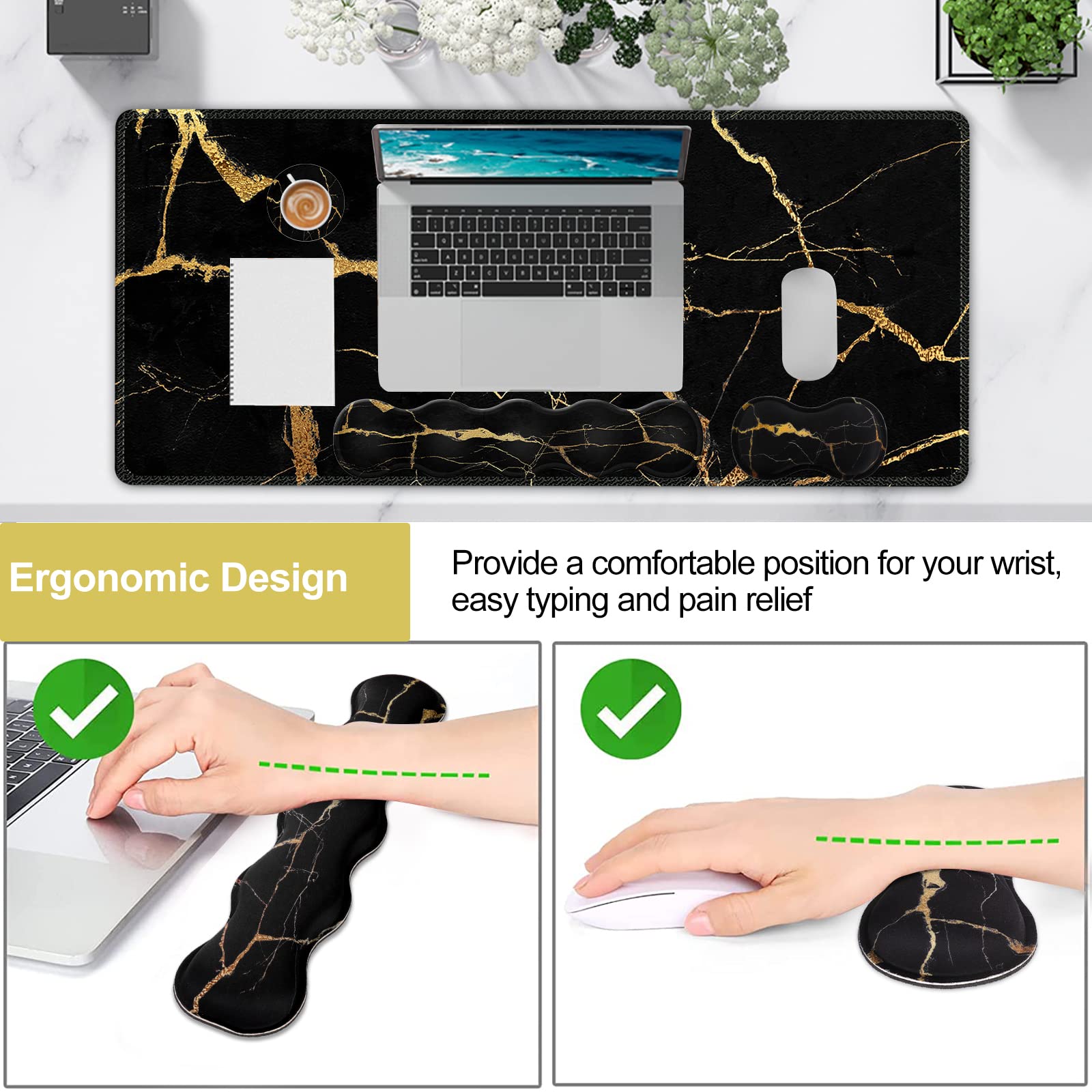 iLeadon Large Gaming Mouse Pad Set - 35.4x15.7in Desk Mat with Keyboard Wrist Rest & Mouse Pad with Wrist Support, Black Gold Marble Design for Pain Relief & Comfort - Perfect for Home Office, PC Gaming & Professional Workspaces