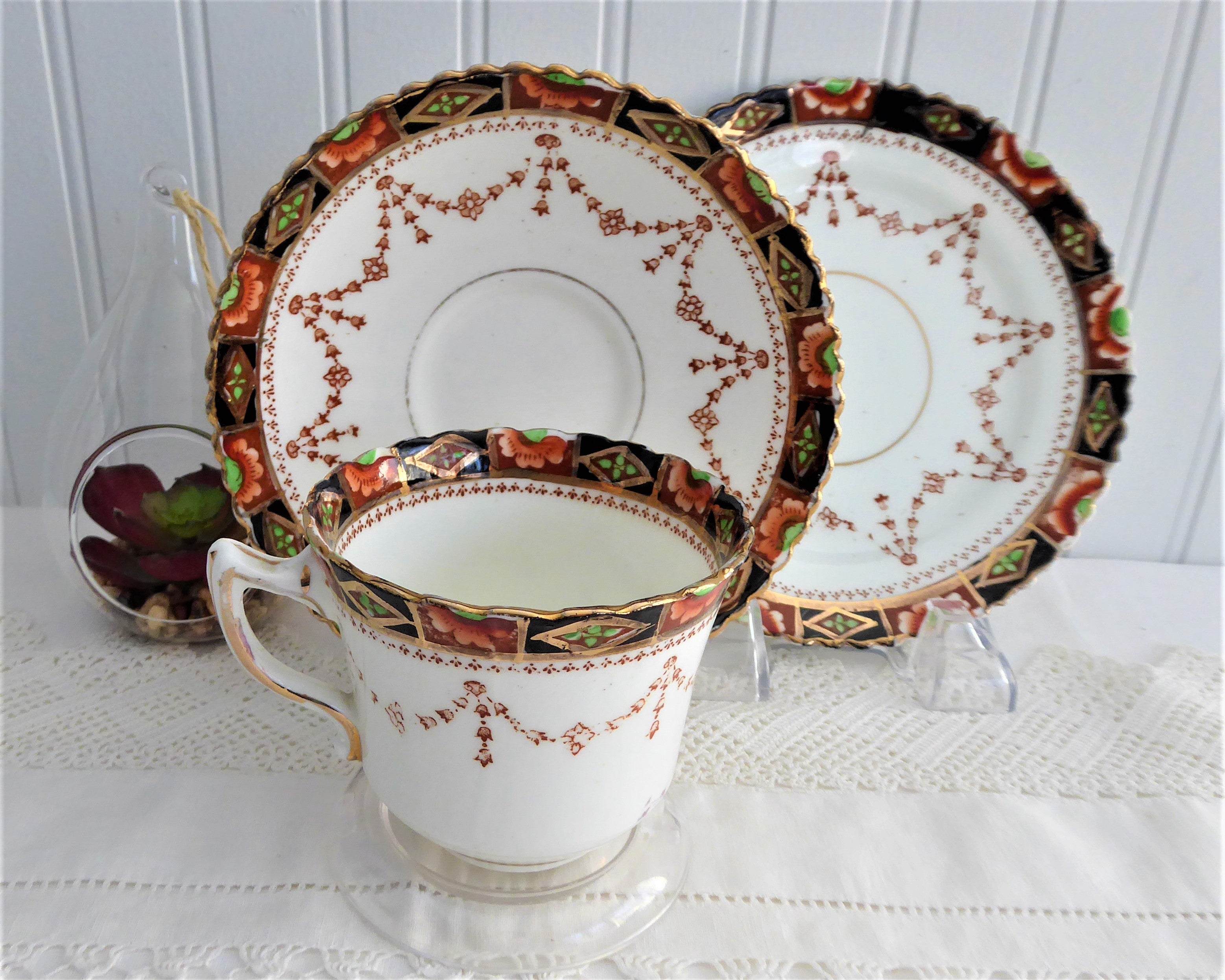 Antique Imari Sevres Teacup Trio Set - Victorian Era Bone China (1880-1890s) - Downton Abbey Style - Perfect for Afternoon Tea, Collecting & Home Decor