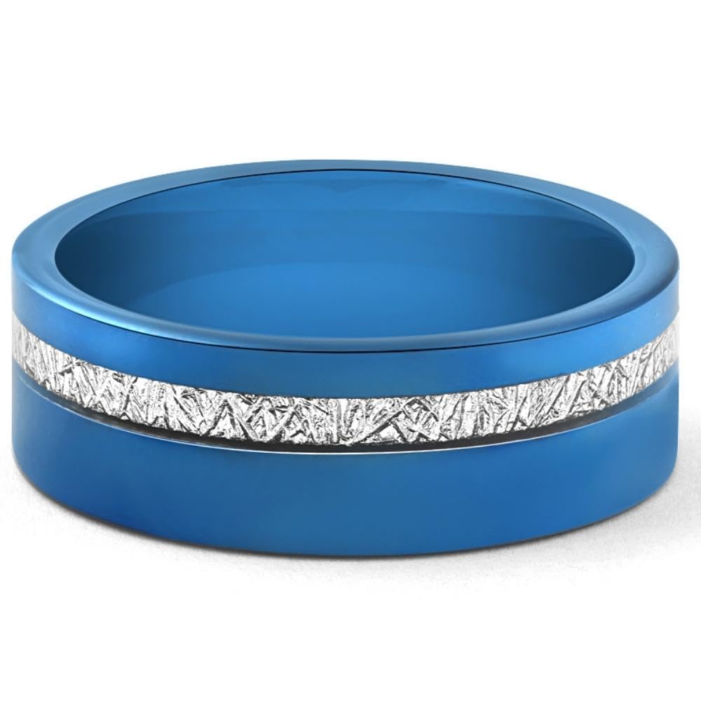 Men's Blue Tungsten Ring with Meteorite Inlay - 8mm Comfort Fit Wedding Band for Men - Durable & Hypoallergenic - Perfect for Engagement, Wedding, and Anniversary Gifts