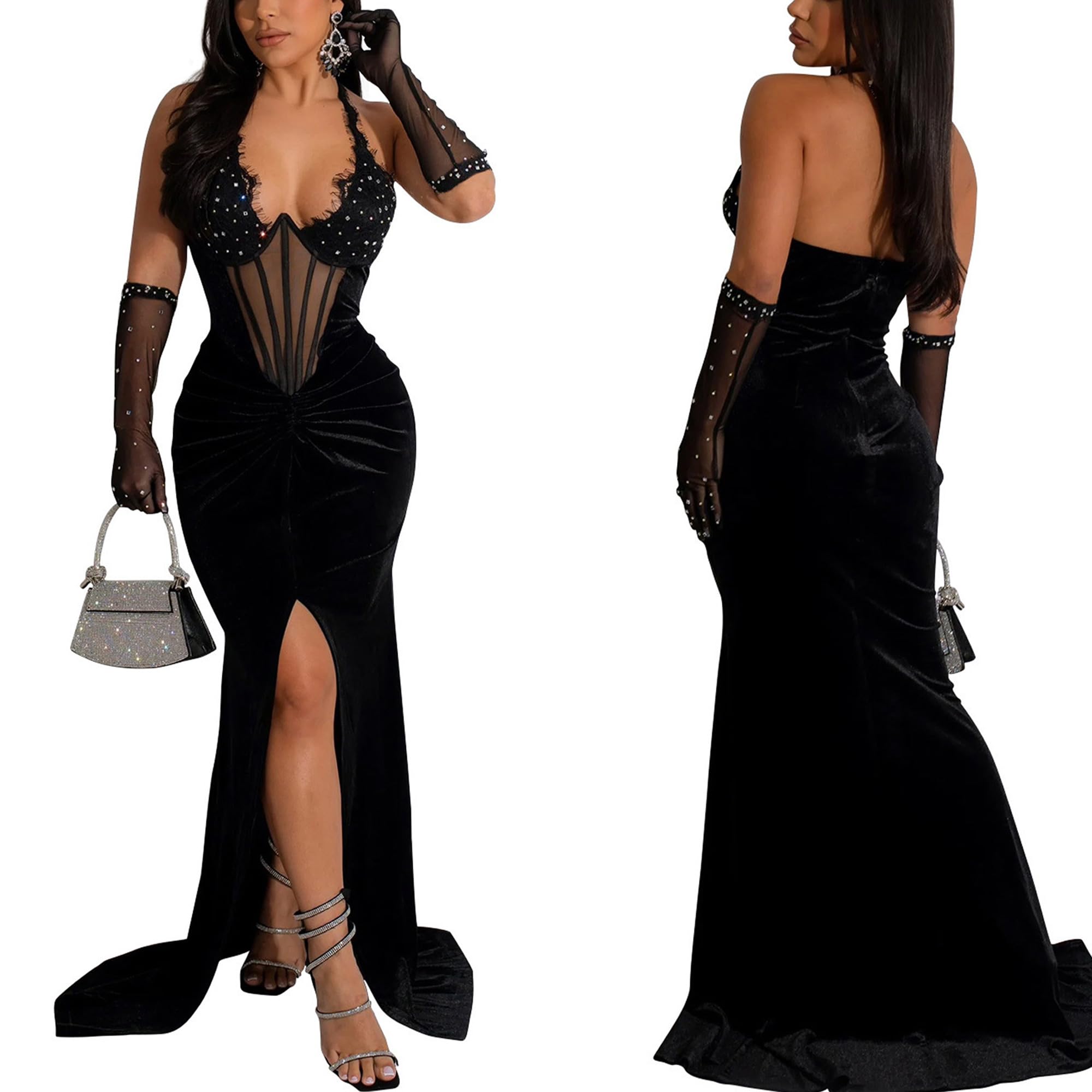 PORRCEY Women's Sexy Rhinestone Bodycon Dress for Party Club Night - Elegant Clubwear with Hot Drilling Details for Evening Out, Cocktail Party & Special Occasions