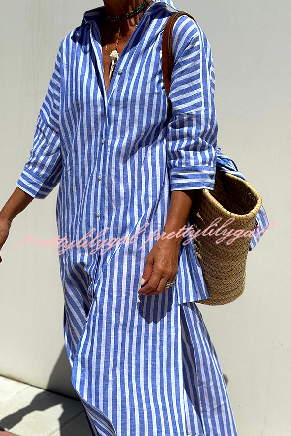 Summer Splendor Printed Button Half Sleeve Belt Loose Shirt Midi Dress - Flowy Boho Chic Outfit for Beach Vacation, Date Night & Casual Wear