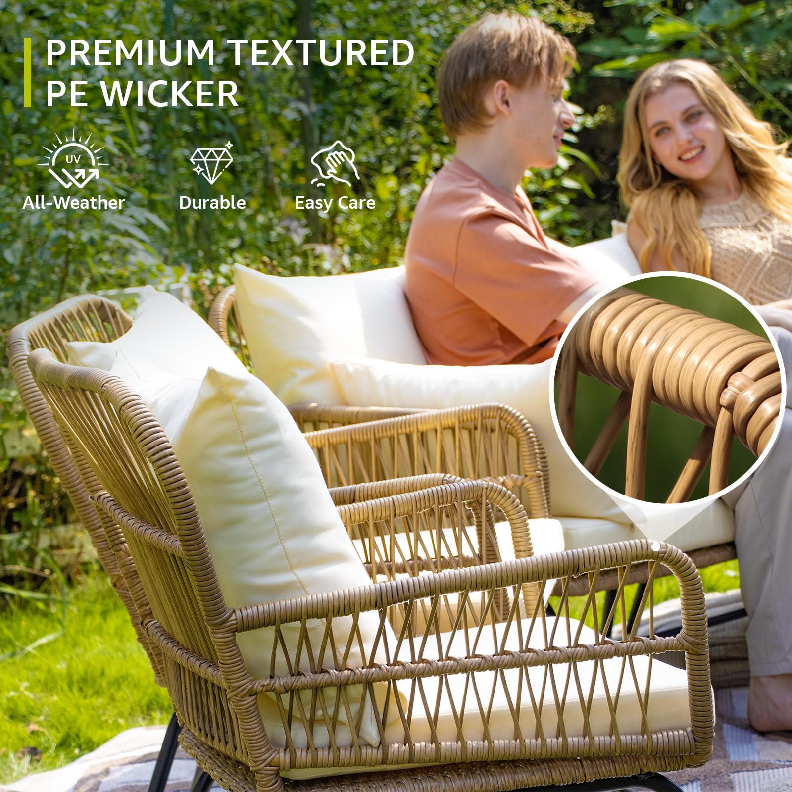 BULEXYARD 3-Piece Boho Outdoor Patio Furniture Set with Round Coffee Table - Natural Wicker Conversation Chairs with Beige Cushions for Backyard, Porch, Balcony & Deck | Perfect for Relaxing, Entertaining & Outdoor Gatherings