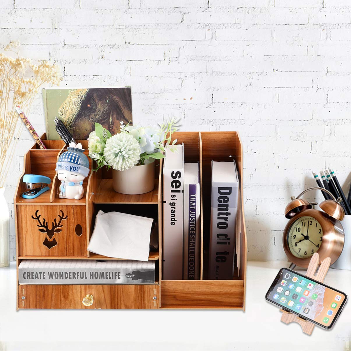 DOITOOL Wooden Desktop Storage Box - File Organizer, Bookshelf & Office Supplies for Paper Files, Books & Documents - Perfect for Home Office, Study & Workspace Organization