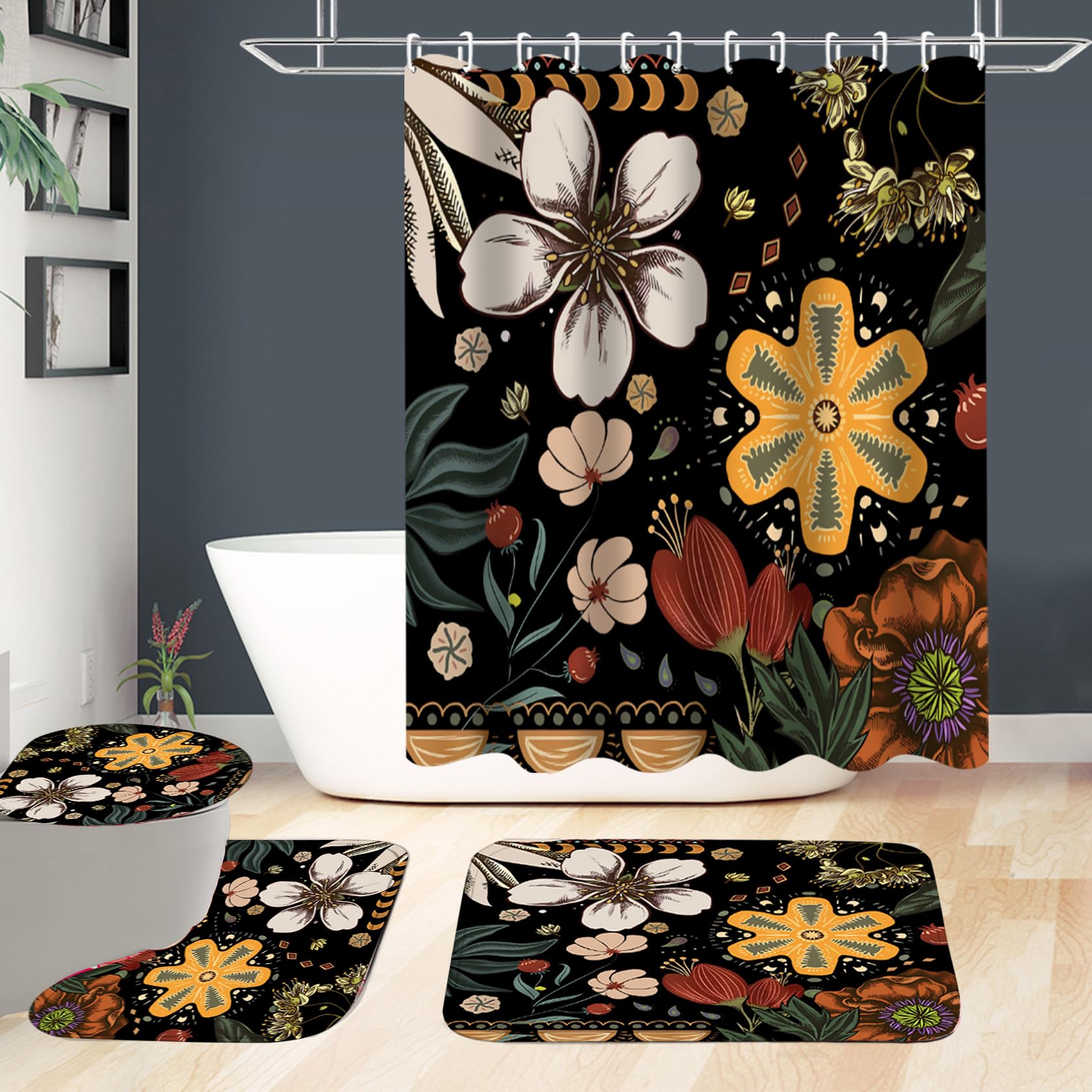 Boho Shower Curtain Set - 4 Piece Black Bathroom Decor with Waterproof Shower Curtain, Non-Slip Rugs & Hooks | Modern Bathroom Accessories for Spa, Hotel & Home Decor