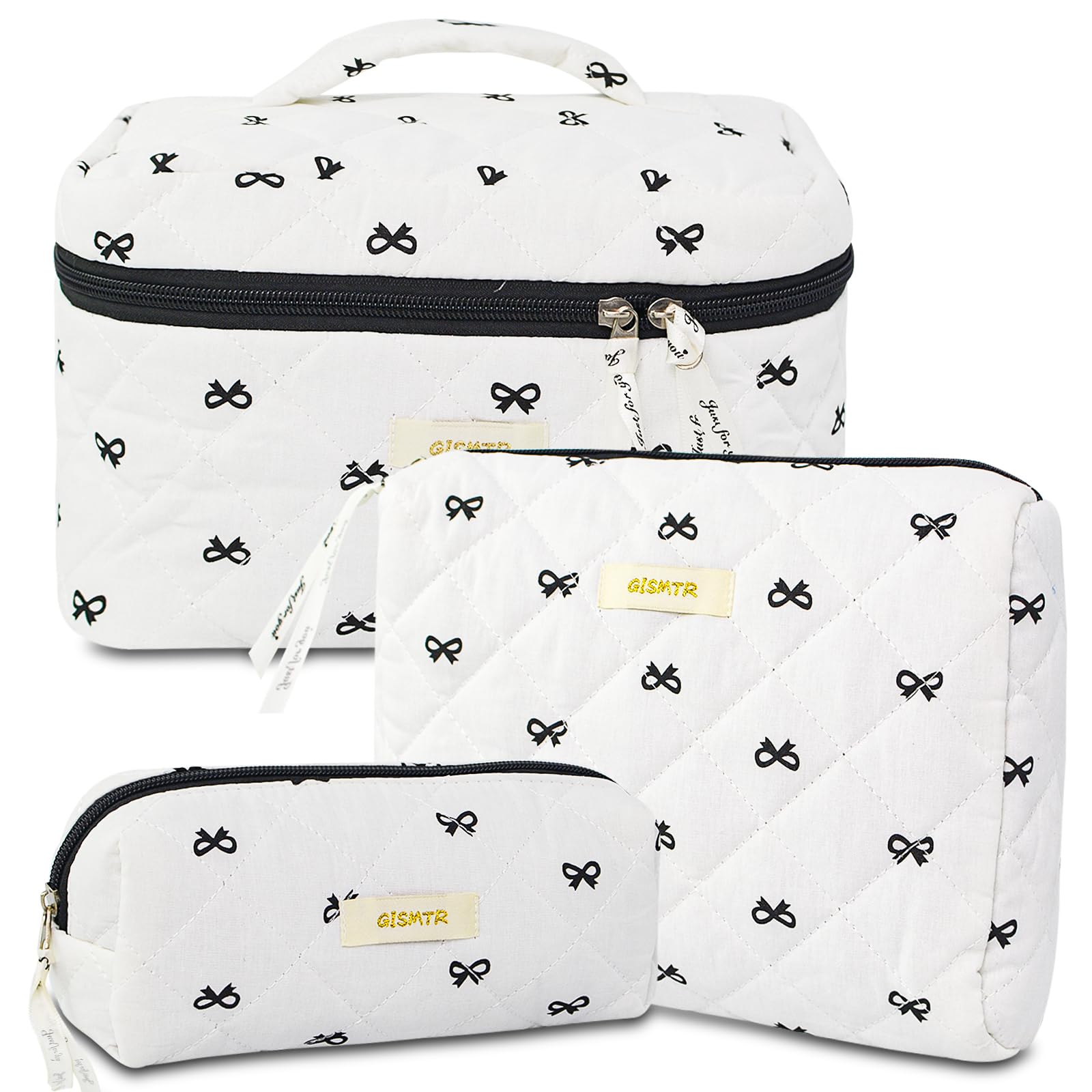 3PC Quilted Makeup Bag Set - Large Cotton Cosmetic Organizer for Travel & Toiletries