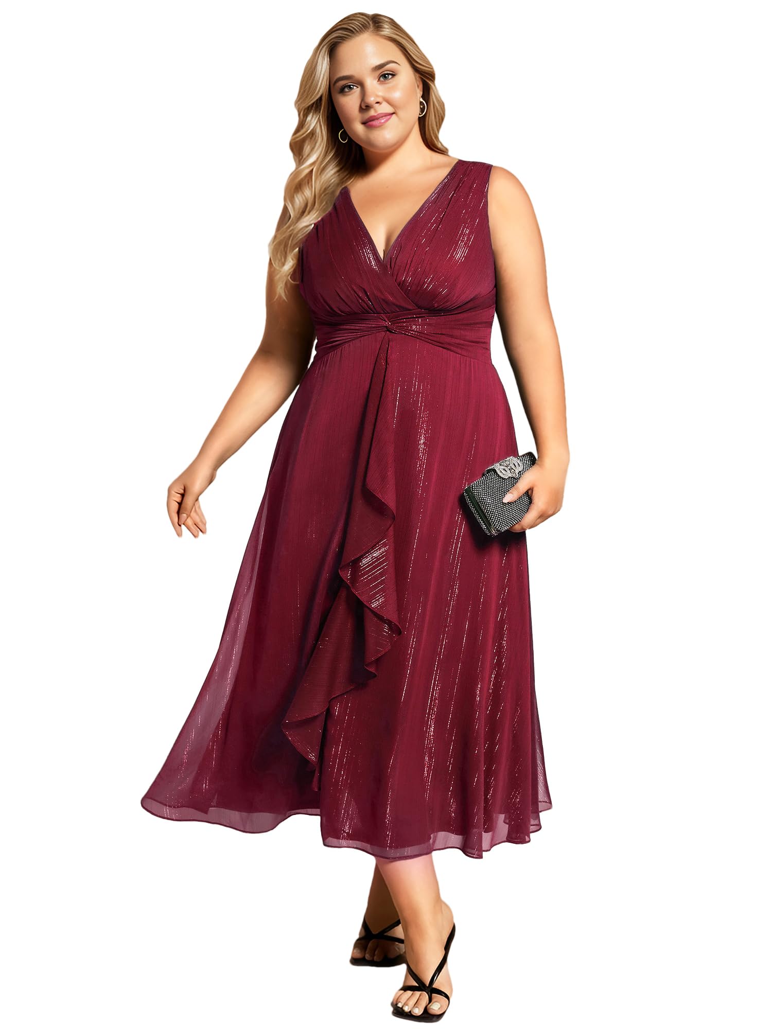 Ever-Pretty Women's Plus Size V-Neck Sleeveless A-Line Pleated Tea-Length Dress for Wedding Guest - 11977-DA | Elegant Formal Occasion & Special Event Wear
