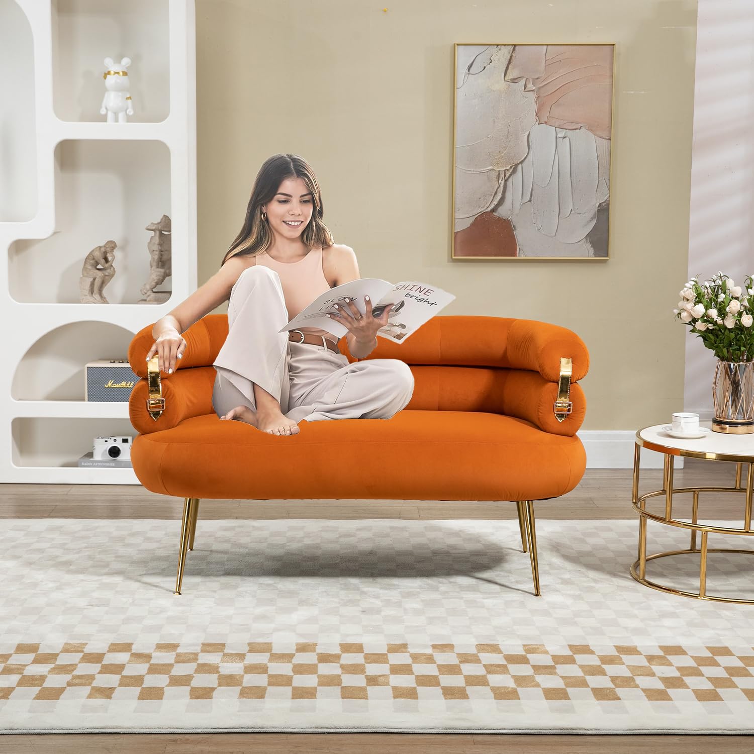 Velvet Upholstered Accent Bench with Golden Metal Legs - Modern Small Loveseat Sofa for Living Room, Bedroom, Apartment & Office - Tufted Leisure Couch in Orange - Perfect for Small Spaces, Entryway Seating & Cozy Reading Nook