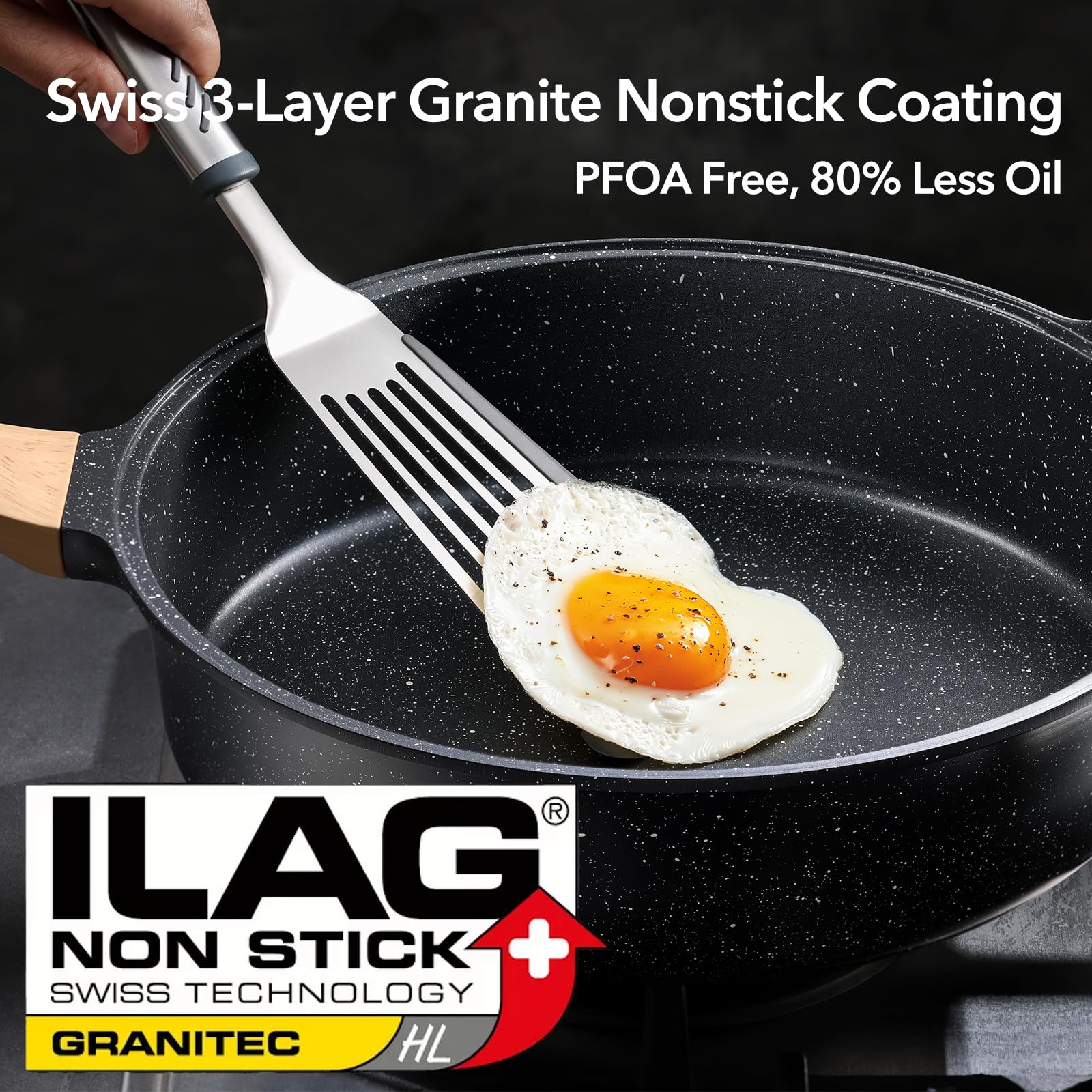 **11 Inch Nonstick Frying Pan with Lid – 4.5 QT Swiss Granite Coating Sauté Pan – PFOA-Free, Induction Ready – Healthy Nonstick Skillet with Helper Handle & Silicone Cover – Perfect for Sautéing, Frying & Everyday Cooking**