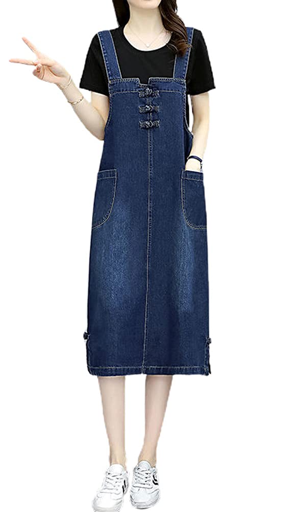 Women's Casual Frog Button A-Line Denim Overalls Dress | Vintage Style Long Midi Jumpsuit for Women | Perfect for Spring Outfits, Streetwear & Boho Fashion