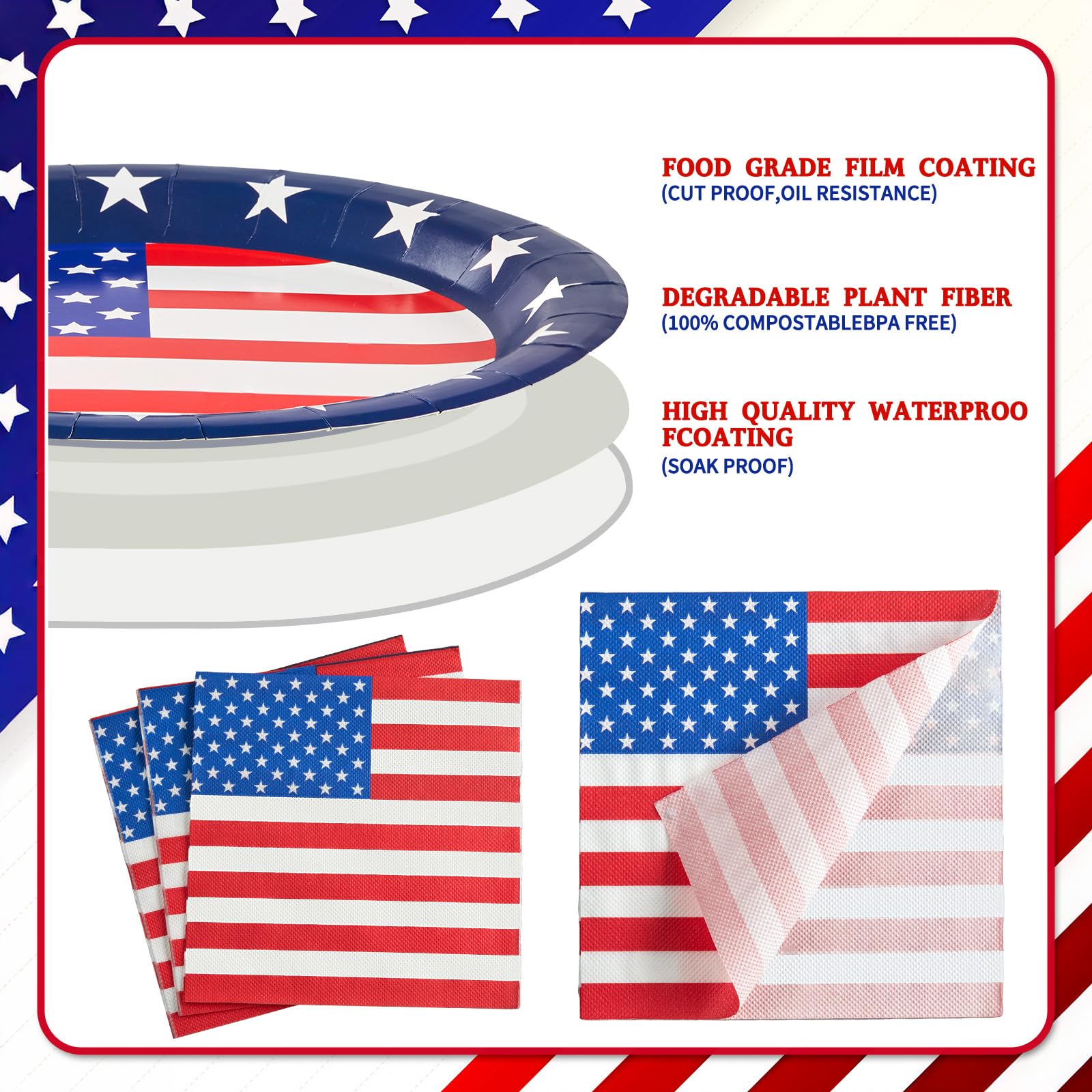 96Pcs Patriotic Paper Plates & Napkins Set - American Flag Themed Disposable Party Supplies for 4th of July, Veterans Day, Memorial Day & Election Decorations - Perfect for BBQ, Picnic, Backyard Parties & Patriotic Celebrations