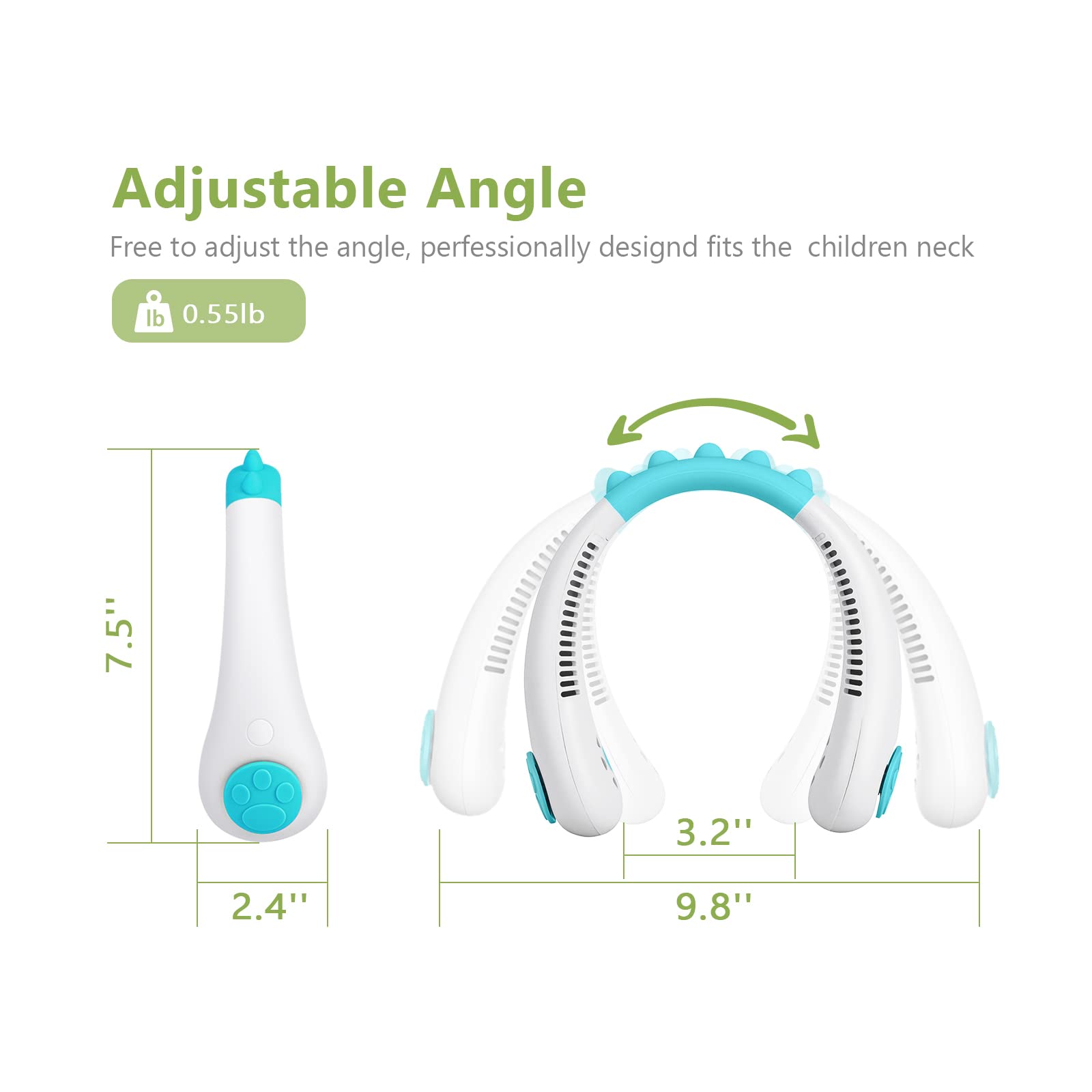 Portable Rechargeable Neck Fan for Kids - Wearable Bladeless Personal Cooling Fan with 3 Speed Settings, USB Powered for Outdoor, Travel, Sports & Summer Activities