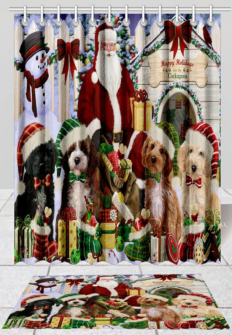Christmas Themed Cockapoo Dog Shower Curtain & Bath Mat Set - Anti-Slip Polyester Bathroom Decor with Hooks (16