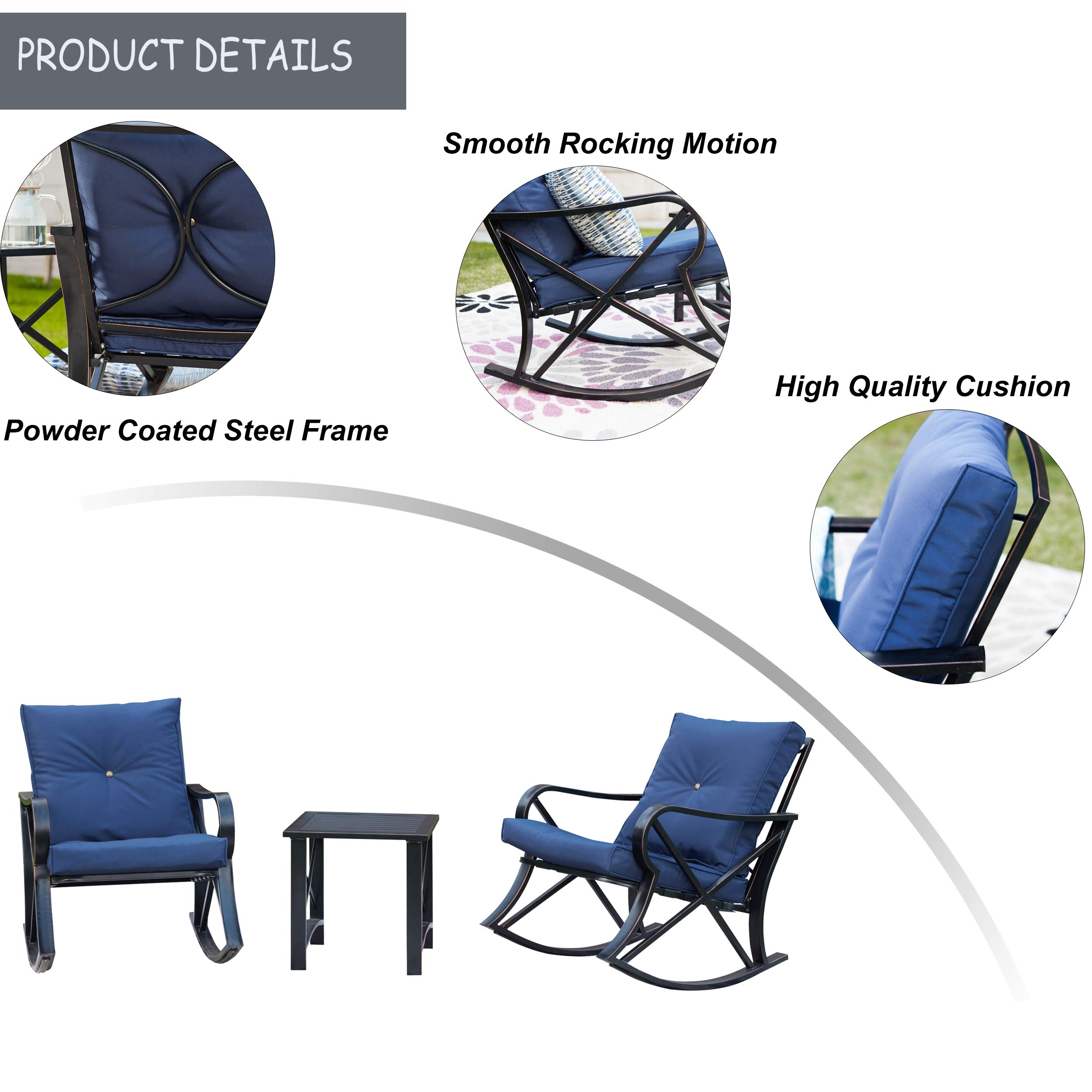 LOKATSE HOME 3-Piece Patio Furniture Set - Outdoor Rocking Chairs with Thick Cushions & Square Coffee Table - Durable Metal Steel Frame - Blue - Perfect for Garden, Backyard, and Poolside Relaxation