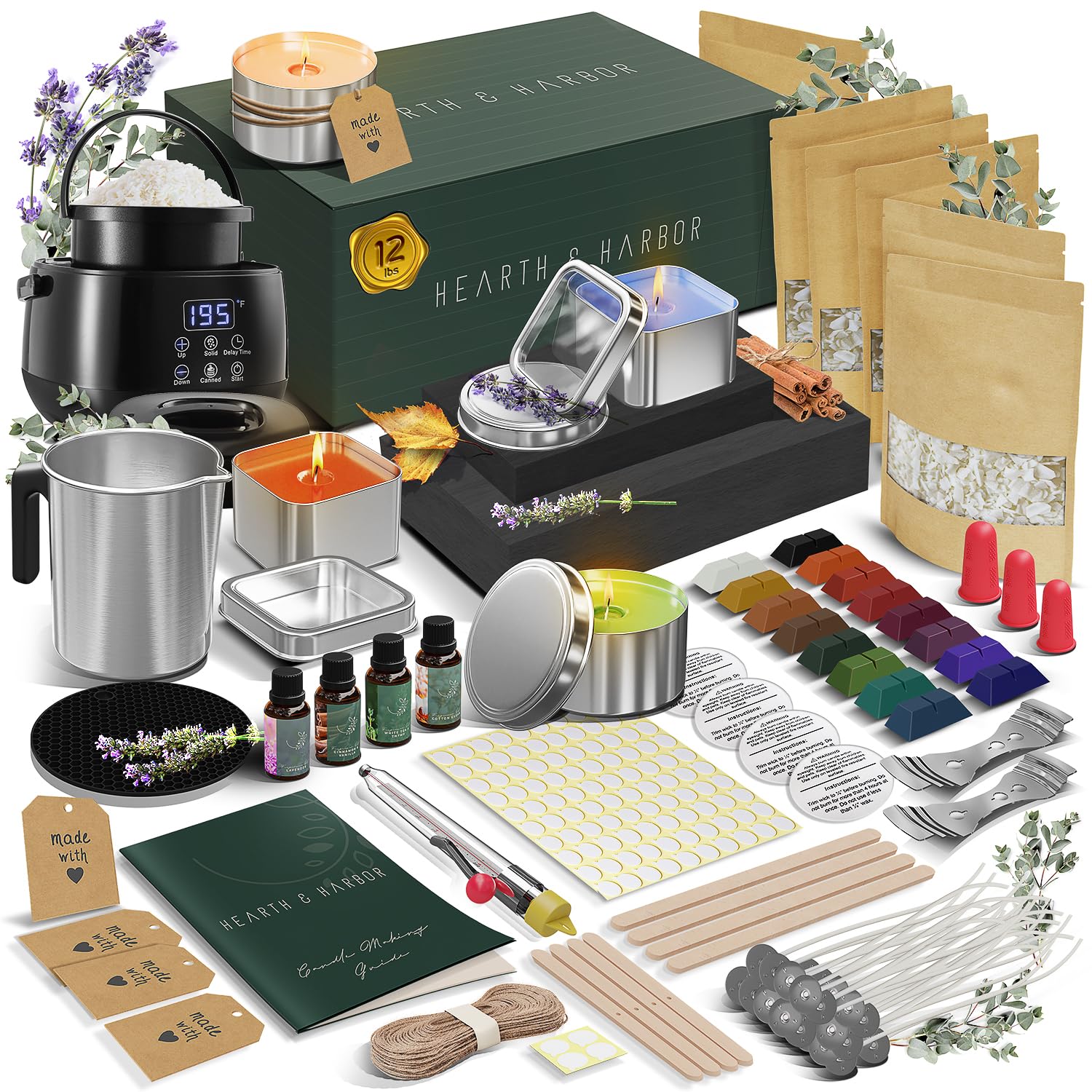 Hearth & Harbor DIY Soy Candle Making Kit for Adults & Kids - 12 Lbs Soy Wax with Electric Melter, Fragrance Oils, Wicks & Supplies - Complete Beginner Candle Making Set for Home Decor, Gifts & Relaxation
