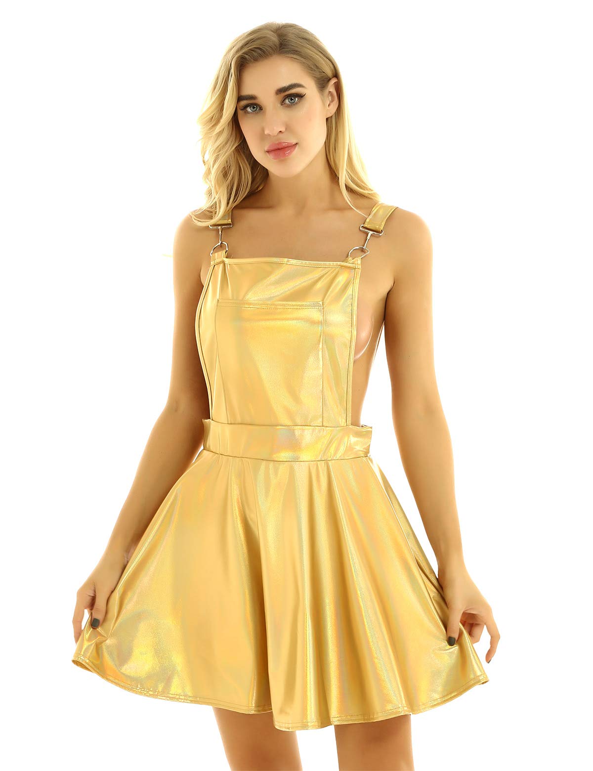 Women's Metallic Holographic Pleated Bib Overall Pinafore Dress - Stylish Mini Suspender Skirt with Braces for Casual Outings, Parties & Fashion Streetwear