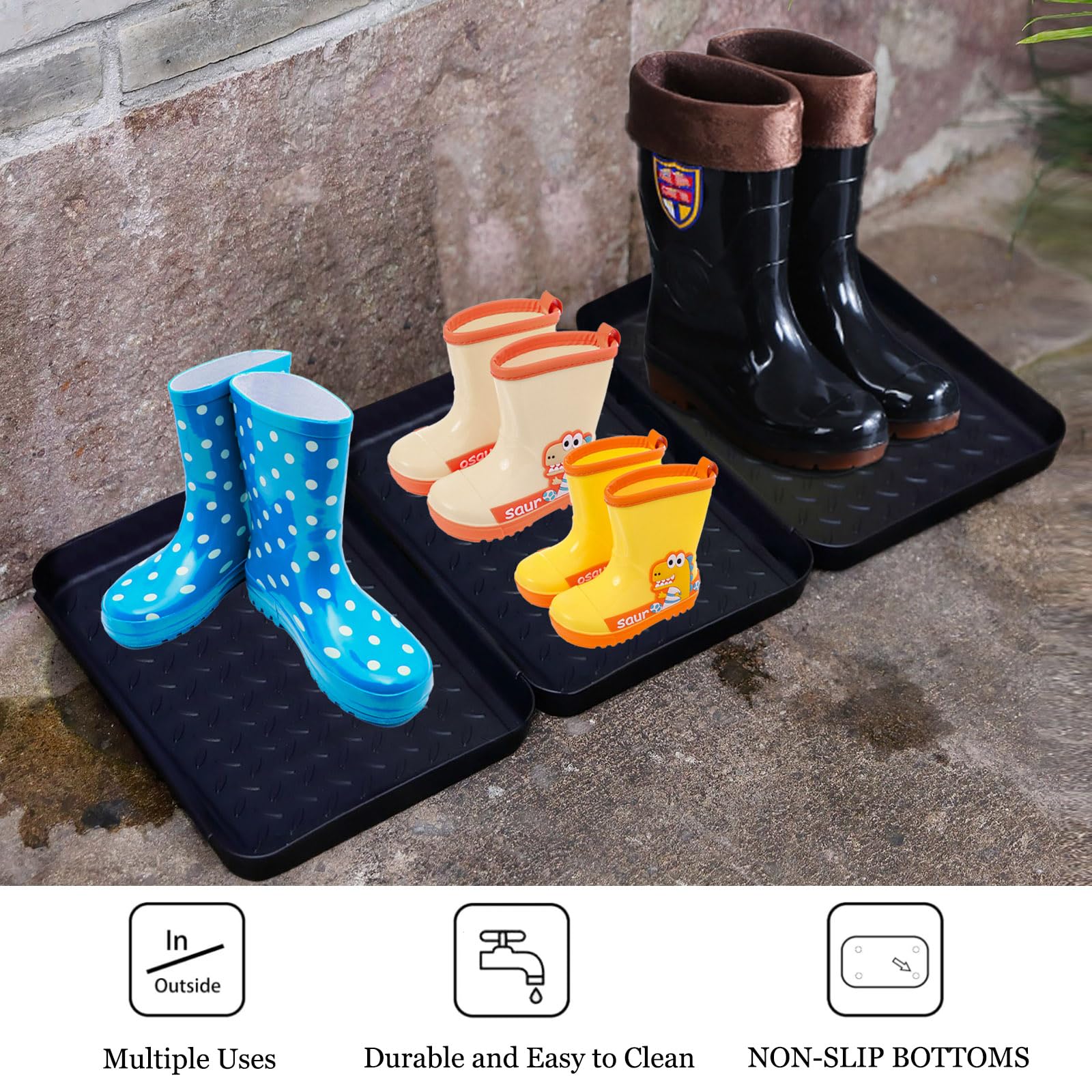 3-Pack Plastic Boot Trays for Entryway - Non-Slip Shoe Mats for Mudroom & Indoor Floor Protection (13.7x10.8 in) - Keep Floors Dry & Clean