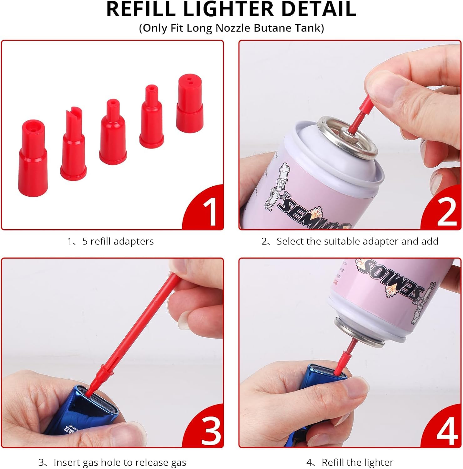 Semlos Butane Tank Adapter - 3 Pack Butane Nozzle Tips for Lighter & Torch Refill | Universal Gas Refill Adapter for All Nozzle Gas Tanks | Perfect for Kitchen Torches, Cigarette Lighters & Camping Stoves (Red)