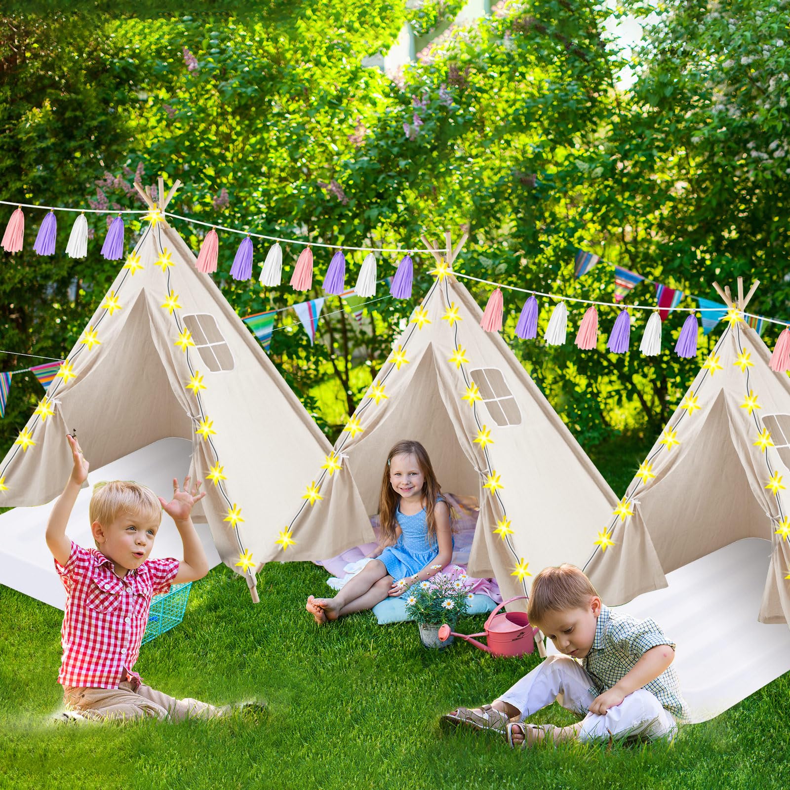 PLULON 6 Pack Kids Teepee Tent Set with Inflatable Airbed & Decorations - Play Tent for Girls Sleepover Party, Indoor Outdoor Playhouse, Christmas Birthday Gift for Toddlers (White) - Perfect for Slumber Parties, Camping Adventures & Imaginative Play