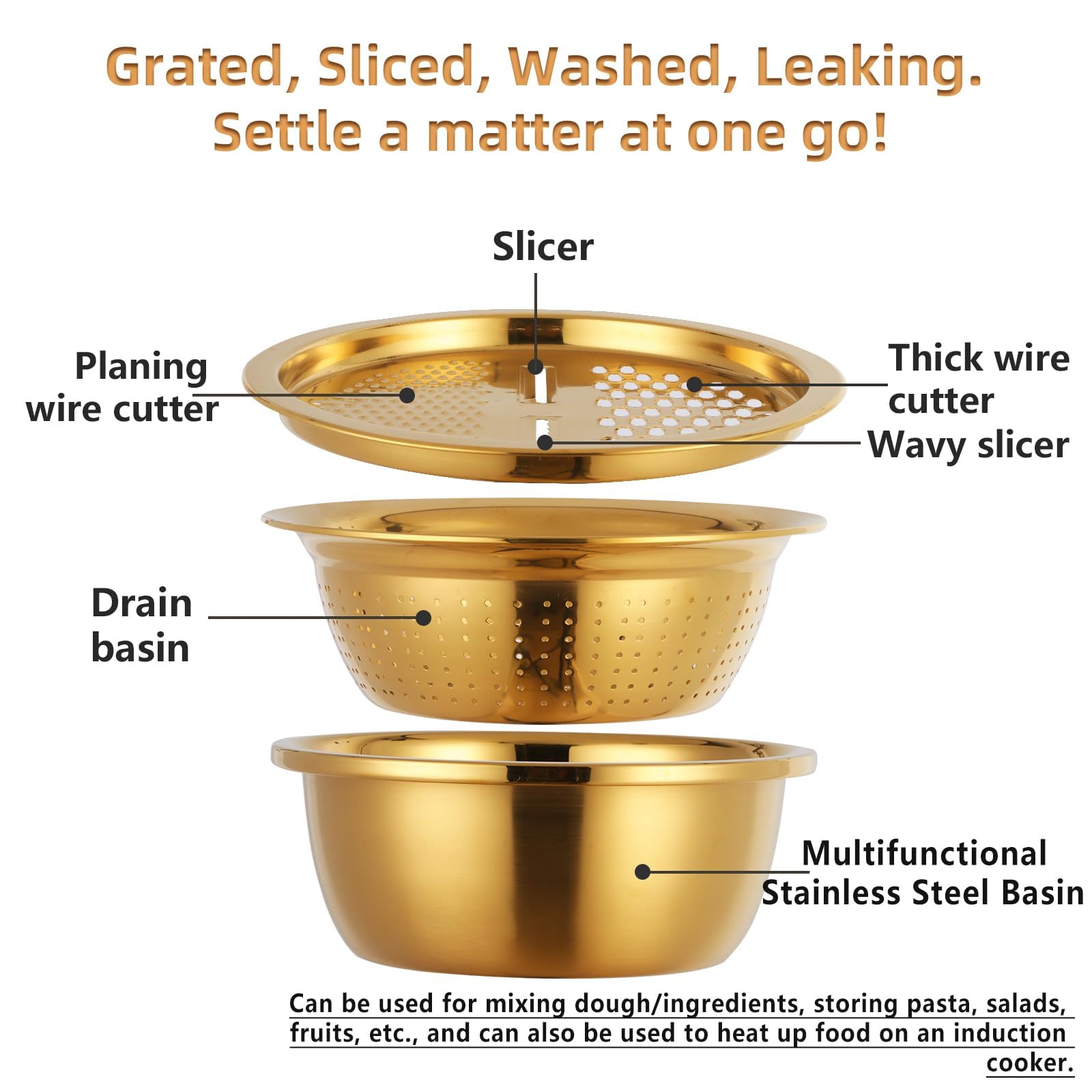 Premium 3-in-1 Stainless Steel Colander Set - Fine Mesh Kitchen Strainer for Fruits & Vegetables - Rose Gold Design - Ideal for Washing, Draining & Serving Salads, Pasta, Berries
