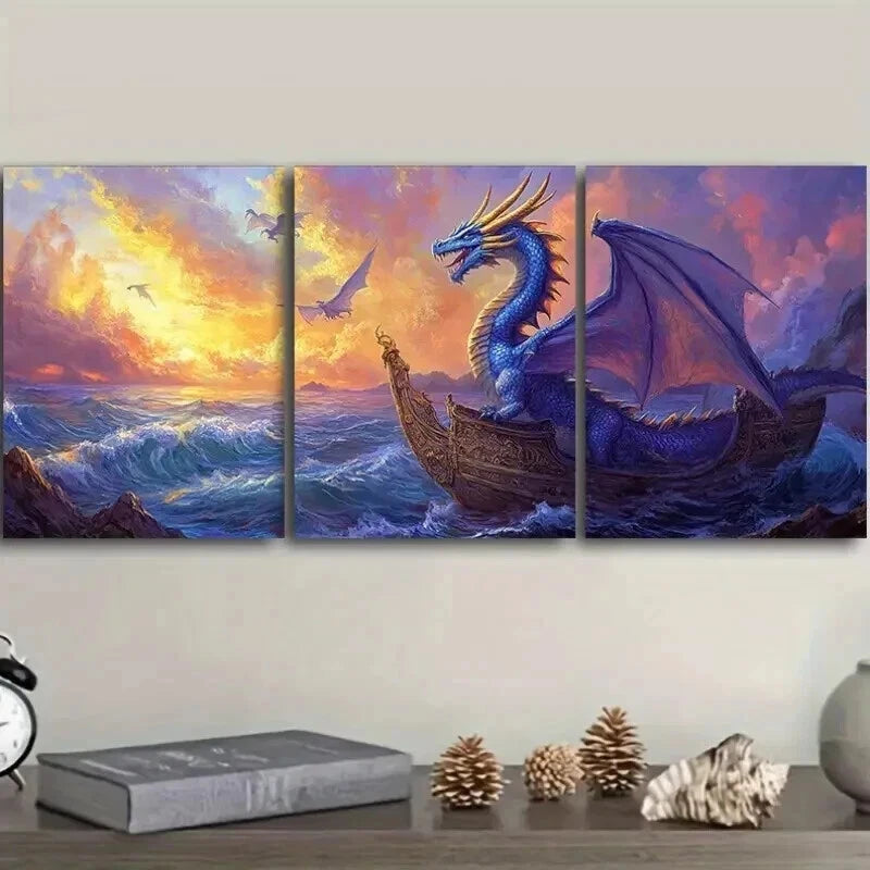 3-Piece Blue Dragon on Boat Wall Art Set - Framed Canvas 50x70cm - High Quality Print - 100% Australian Made - Ready to Hang - Perfect for Living Room, Bedroom or Office Decor
