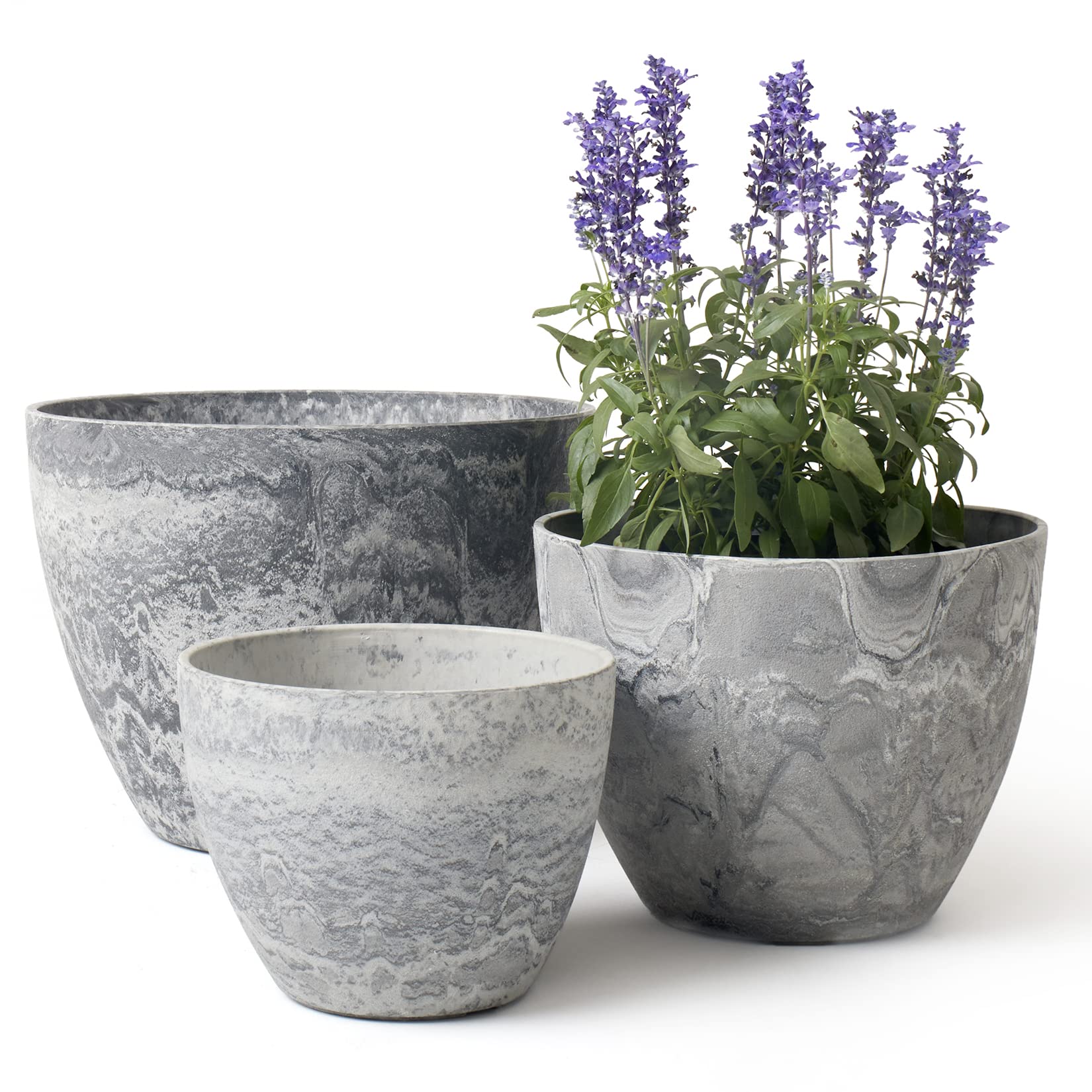 LA JOLIE MUSE 3-Piece Outdoor Planter Set - Marble Pattern Flower Pots with Drain Holes (14.2