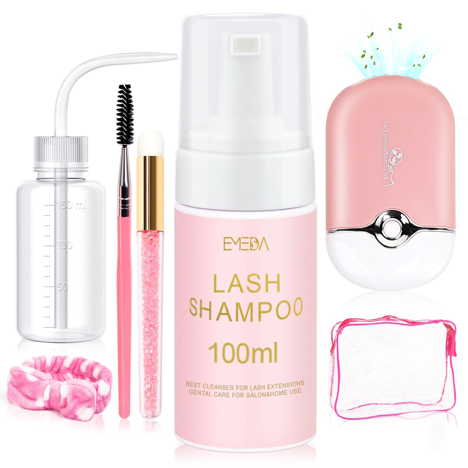 EMEDA Lash Extension Shampoo & Cleaning Kit - Oil-Free Foam Soap, Lash Fan Dryer, Brush, Wash Bottle & Hairband - Gentle Eyelash Extension Cleanser for Daily Lash Care & Salon Use