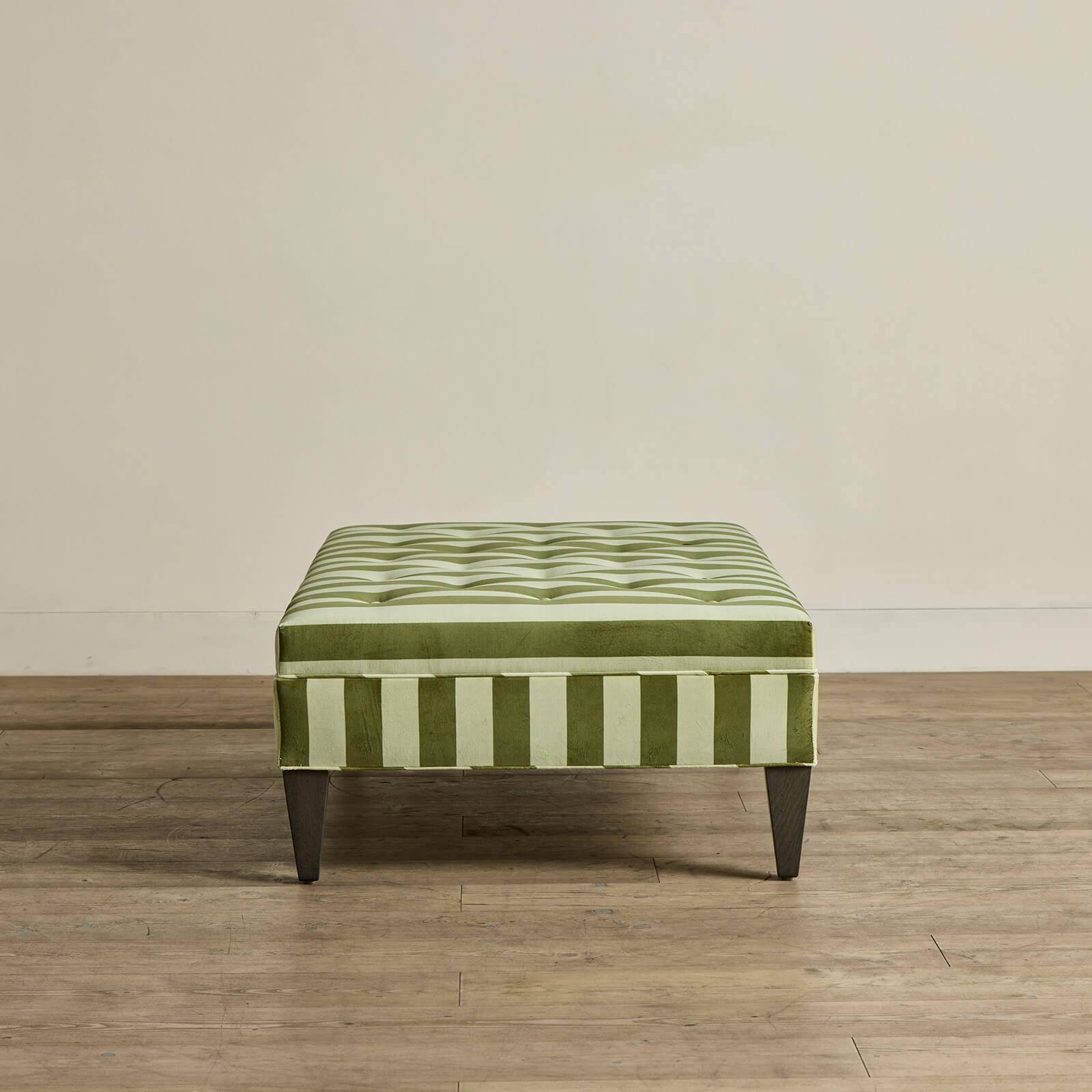 CAMELOT STRIPE Velvet Tufted Ottoman Footrest - Soft Upholstered Storage Bench with Button Tufting, Modern Living Room Decor for Home, Bedroom or Office - Juniper Green