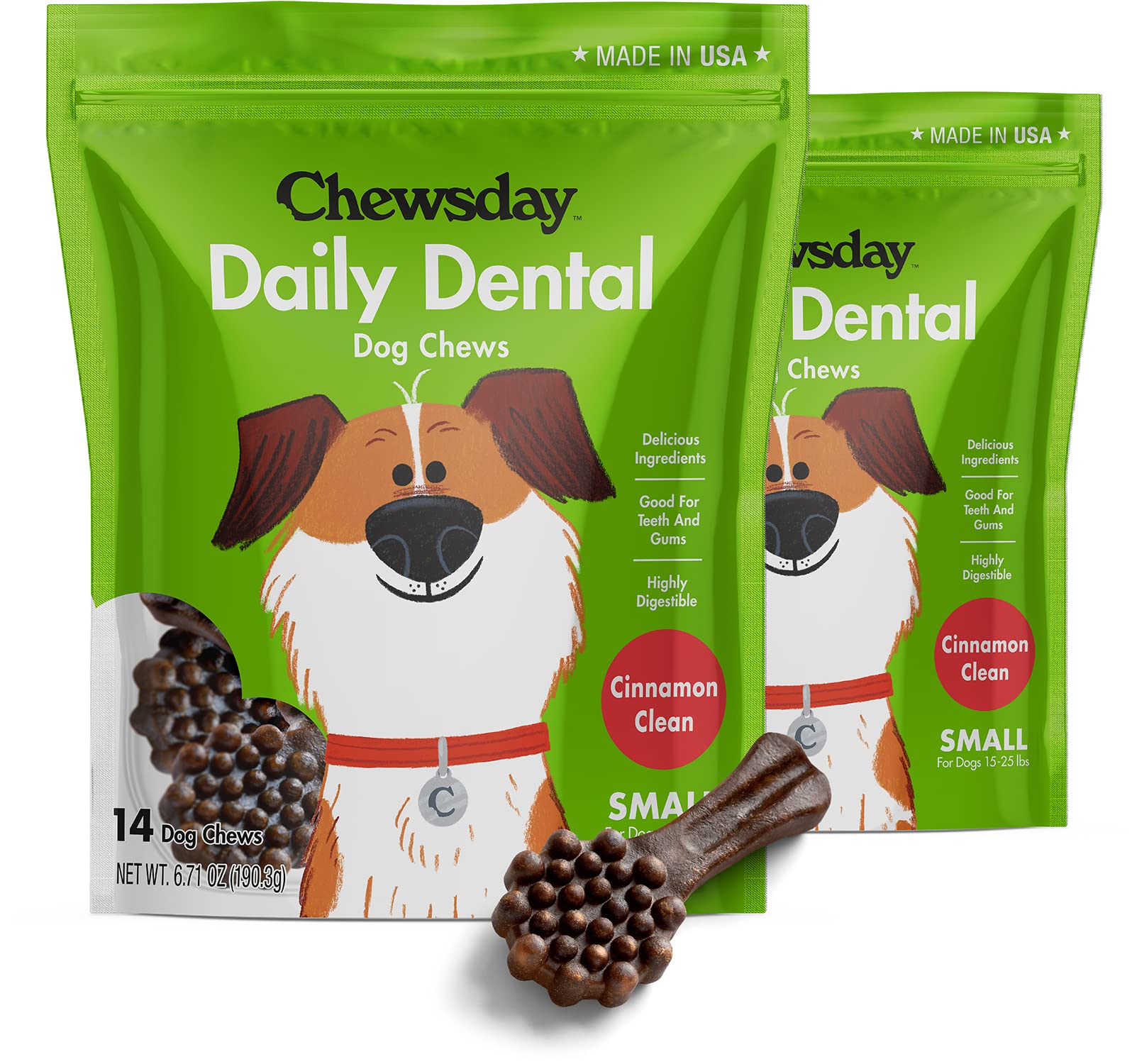 Chewsday Small Cinnamon Dental Dog Chews - Natural, Highly Digestible Oral Health Treats for Healthy Gums & Teeth - Made in USA - 28 Count - Perfect for Daily Teeth Cleaning & Fresh Breath