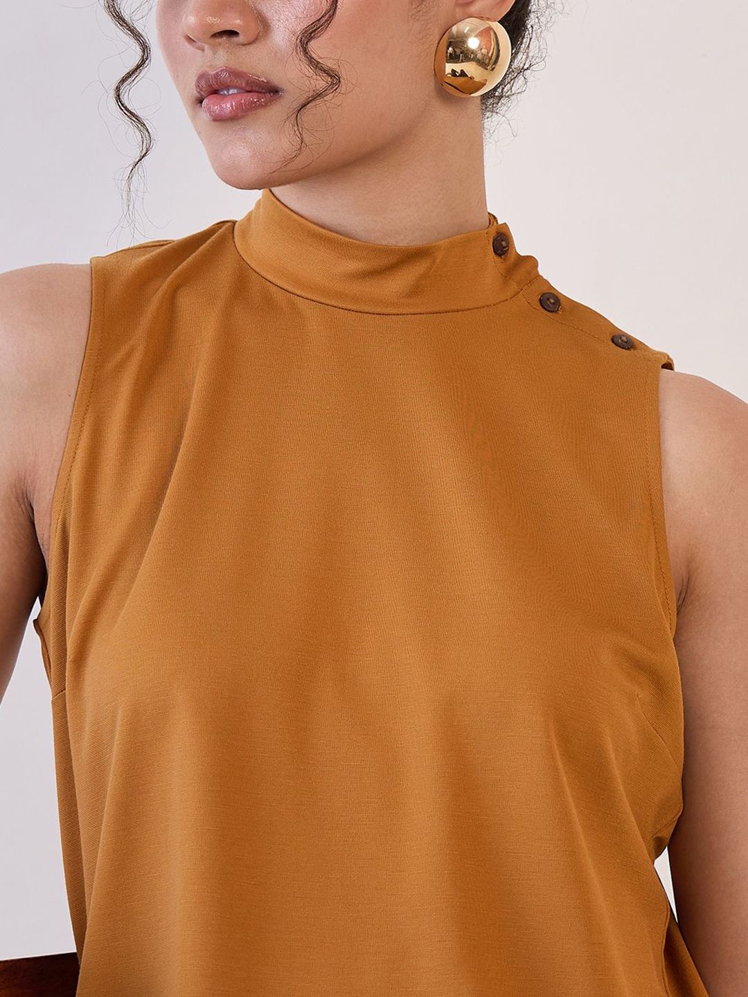 Mustard Yellow High Neck Sleeveless T-Shirt for Women - Summer Casual Wear, Layering Piece & Office Outfit