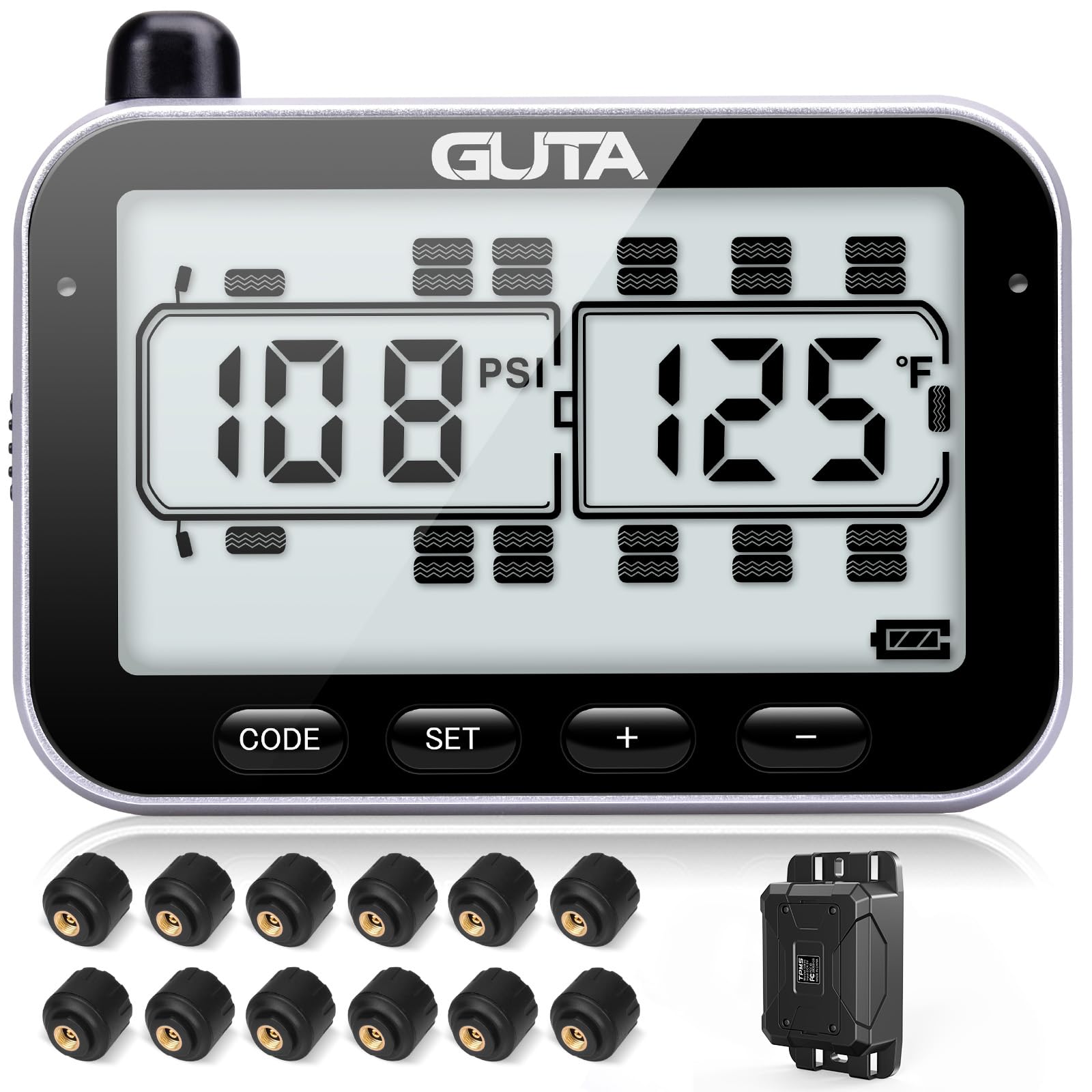 GUTA RV Tire Pressure Monitoring System (TPMS) - 12 Sensors with 7 Alarm Modes | 14-Day Battery Life | 80ft Range | Large Screen Display | 0-188psi Range | for RV, Trailer, Motorhome & Fifth Wheel | Monitor Tire Safety on Road Trips & Long Hauls