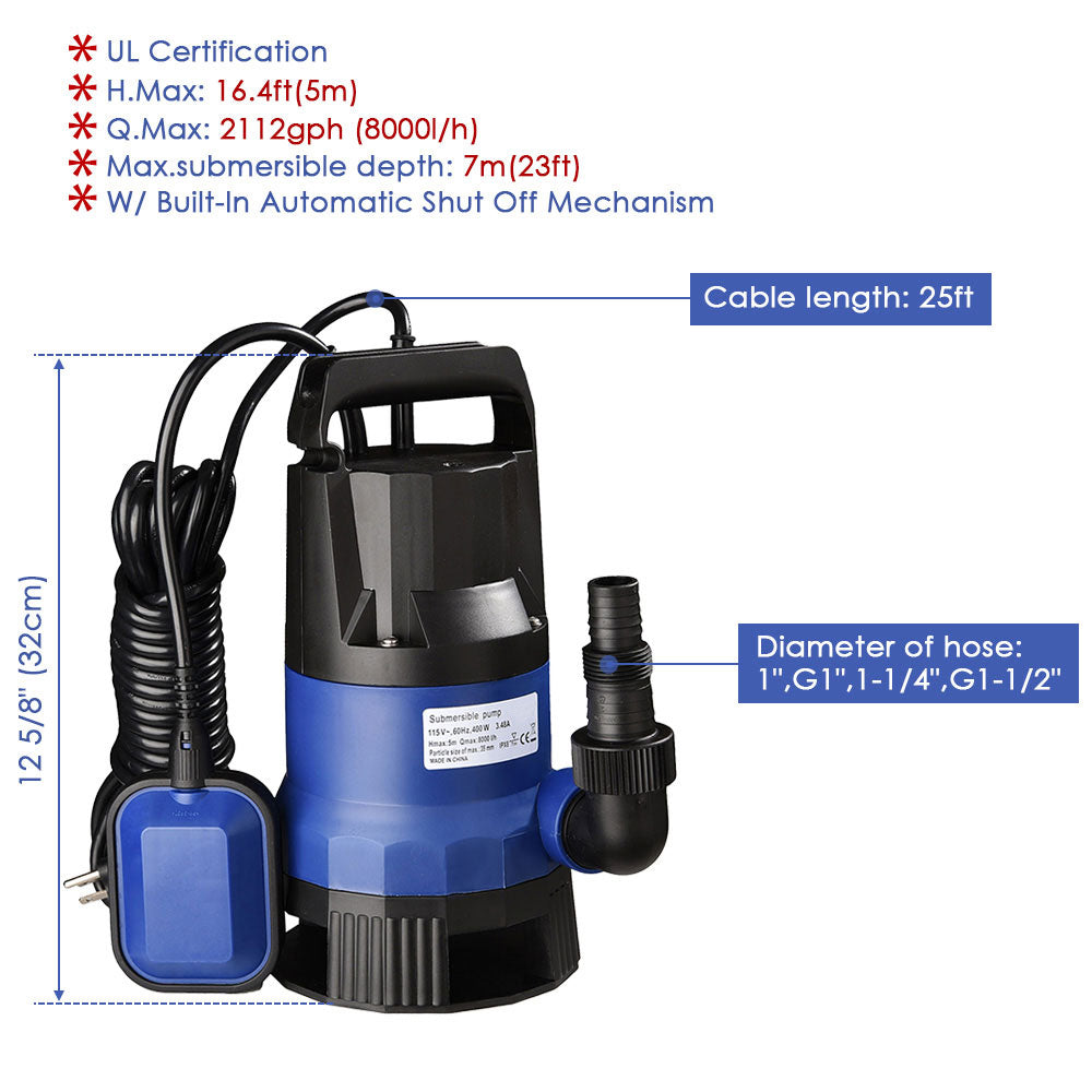 1/2HP Submersible Dirty Water Pump with Float Switch - Heavy Duty Utility Pump for Basement, Pool, Flood, and Sewage - TheLAShop