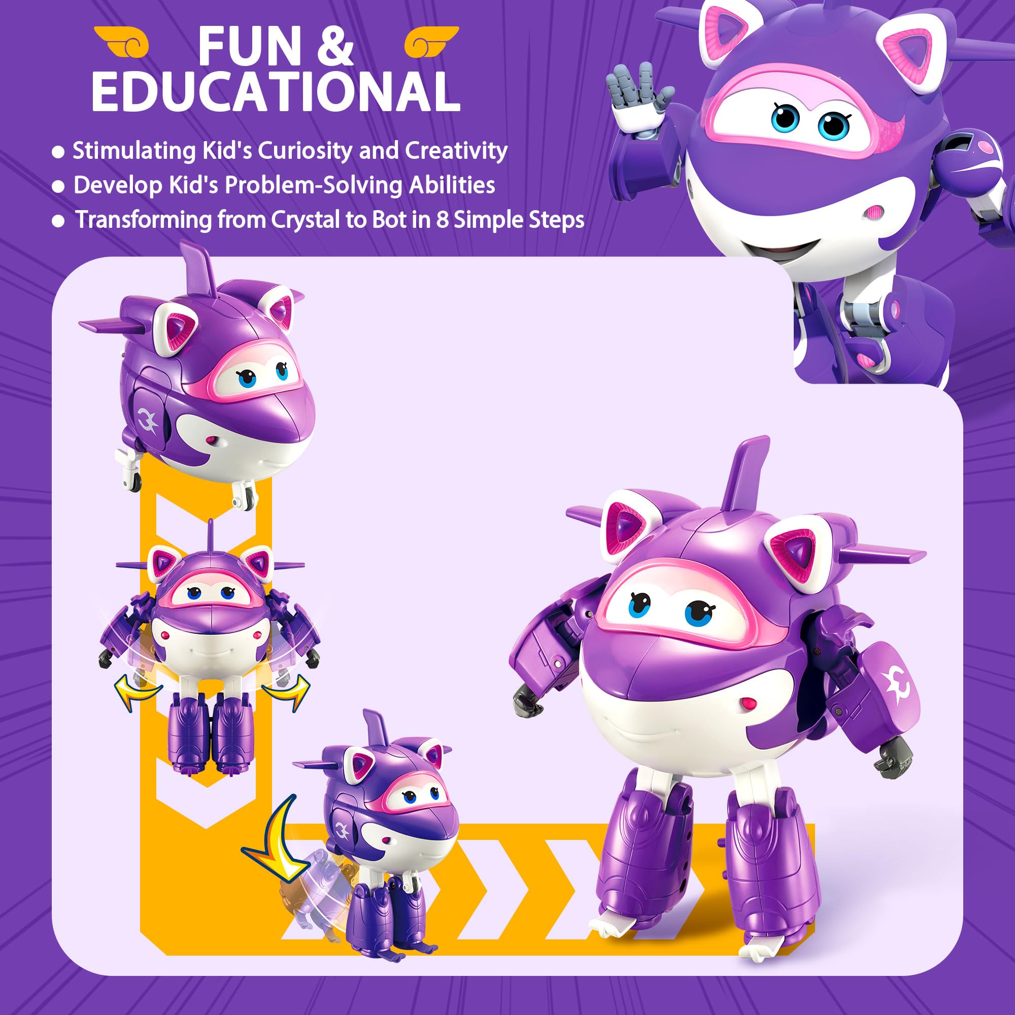 Super Wings Transformable Airplane Toys - 5 in 1 Crystal Transforming Action Figures, 2-in-1 Robot & Plane Mode, STEM Learning Toys for Kids Age 3-8 | Perfect Birthday Gift for Boys & Girls | Great for Pretend Play, Classroom Rewards & Travel Entertainment