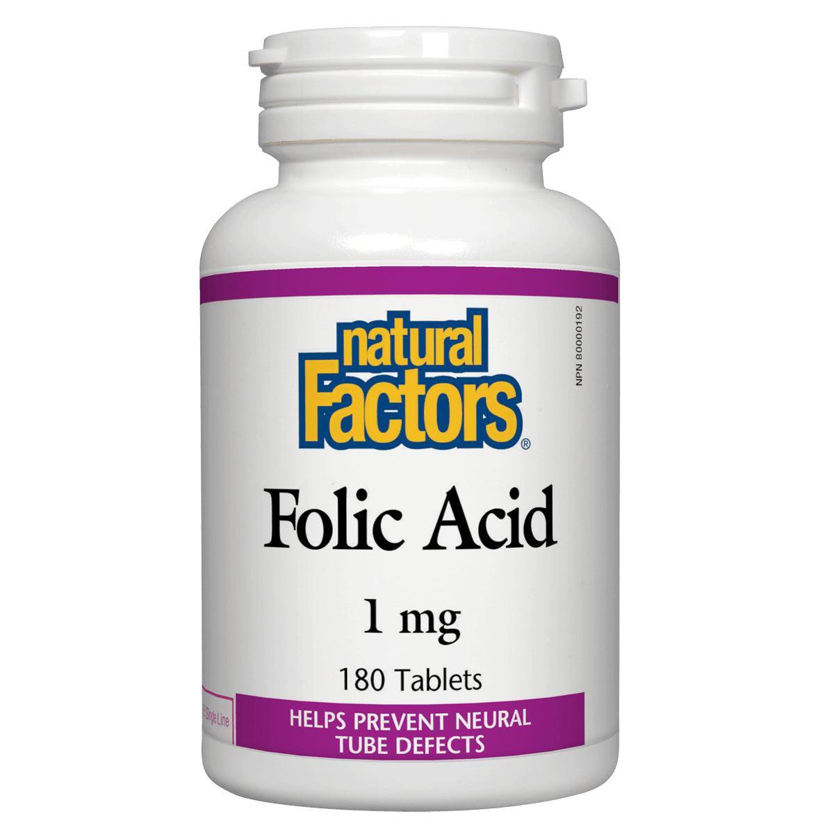 Natural Factors Folic Acid 1mg 180 Tablets - Supports Pregnancy, Heart Health & Energy - Prenatal Vitamin Supplement for Women & Men