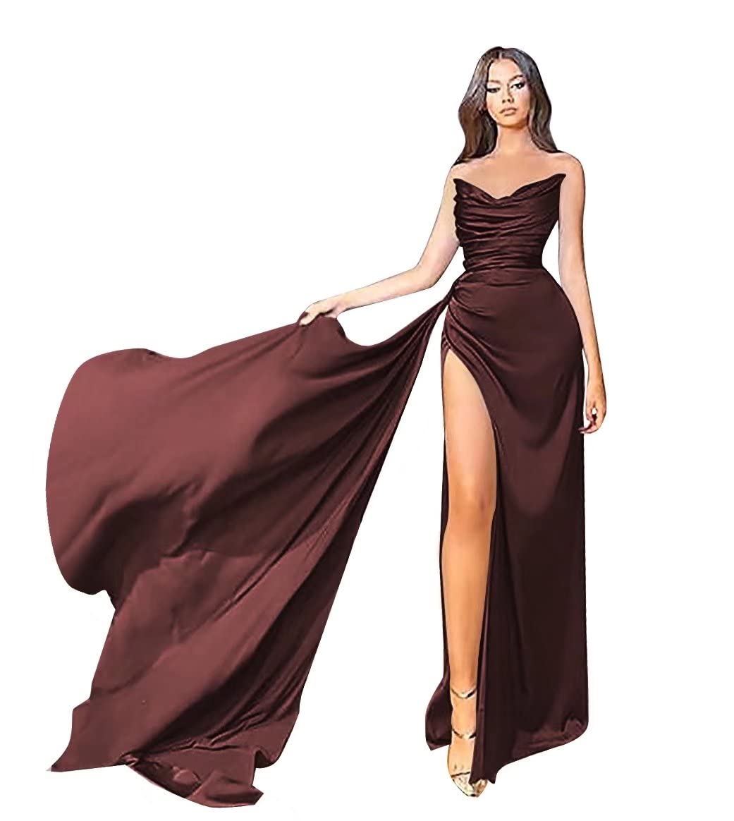 Elegant Strapless Mermaid Prom Dress for Women - Long Satin Formal Evening Gown with Ruched Detail & High Slit | Perfect for Homecoming, Prom Night, Wedding Guest & Special Occasions