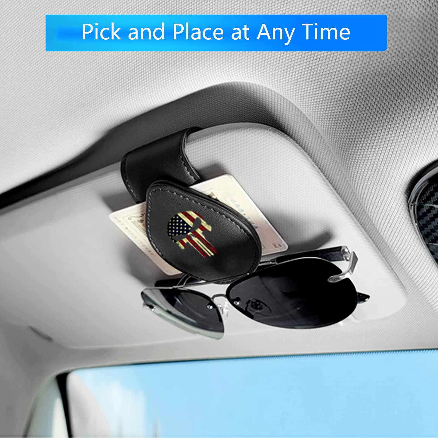 Premium Leather Sunglasses Holder for Car Visor - Universal Eyeglass Hanger Clip with American Flag Skull Design | Perfect for Road Trips, Commuting & Outdoor Adventures