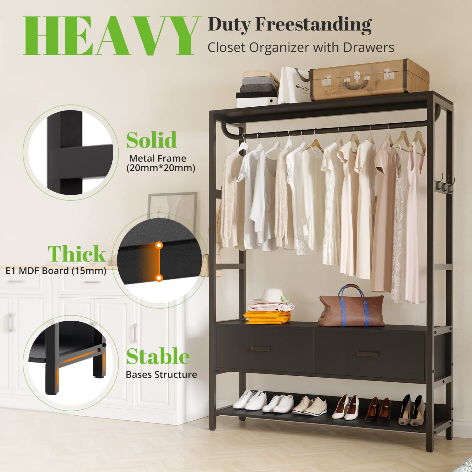 HOKEEPER Heavy Duty Free Standing Closet Organizer with 5 Drawers & Hooks - Sturdy Metal Garment Rack with Shelves for Bedroom, Closet Storage - Perfect for Hanging Clothes, Organizing Wardrobe & Maximizing Small Spaces (Black)