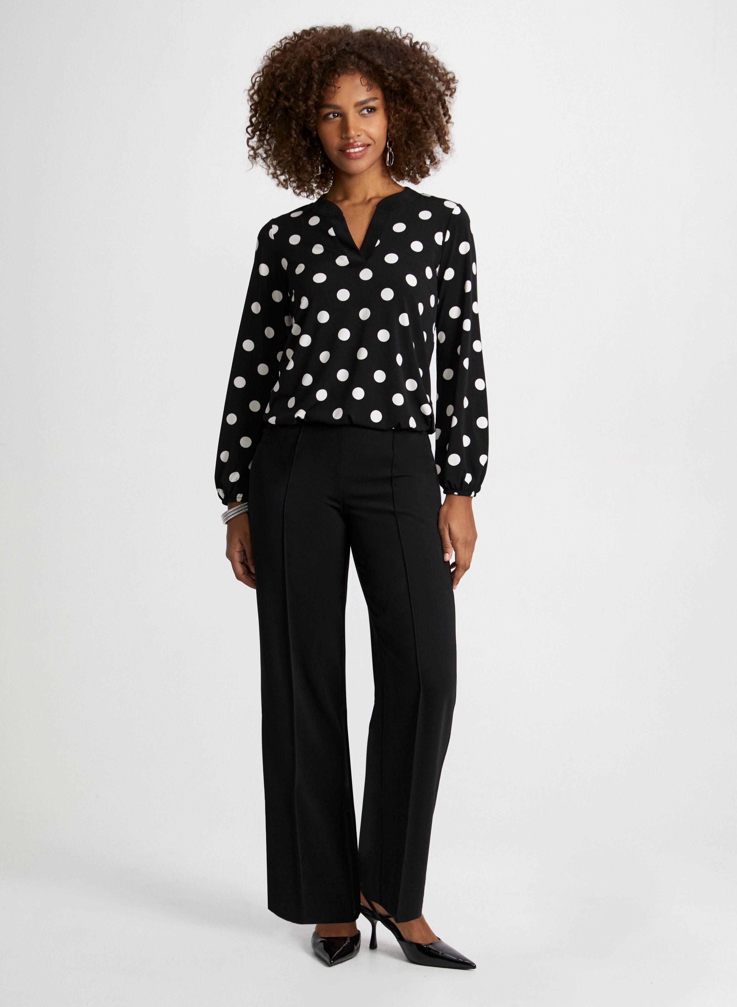 Dot Motif Split Neck Top & Wide Leg Pants Set - Trendy Two Piece Outfit for Women | Casual Wear, Office Outfit, Summer Fashion