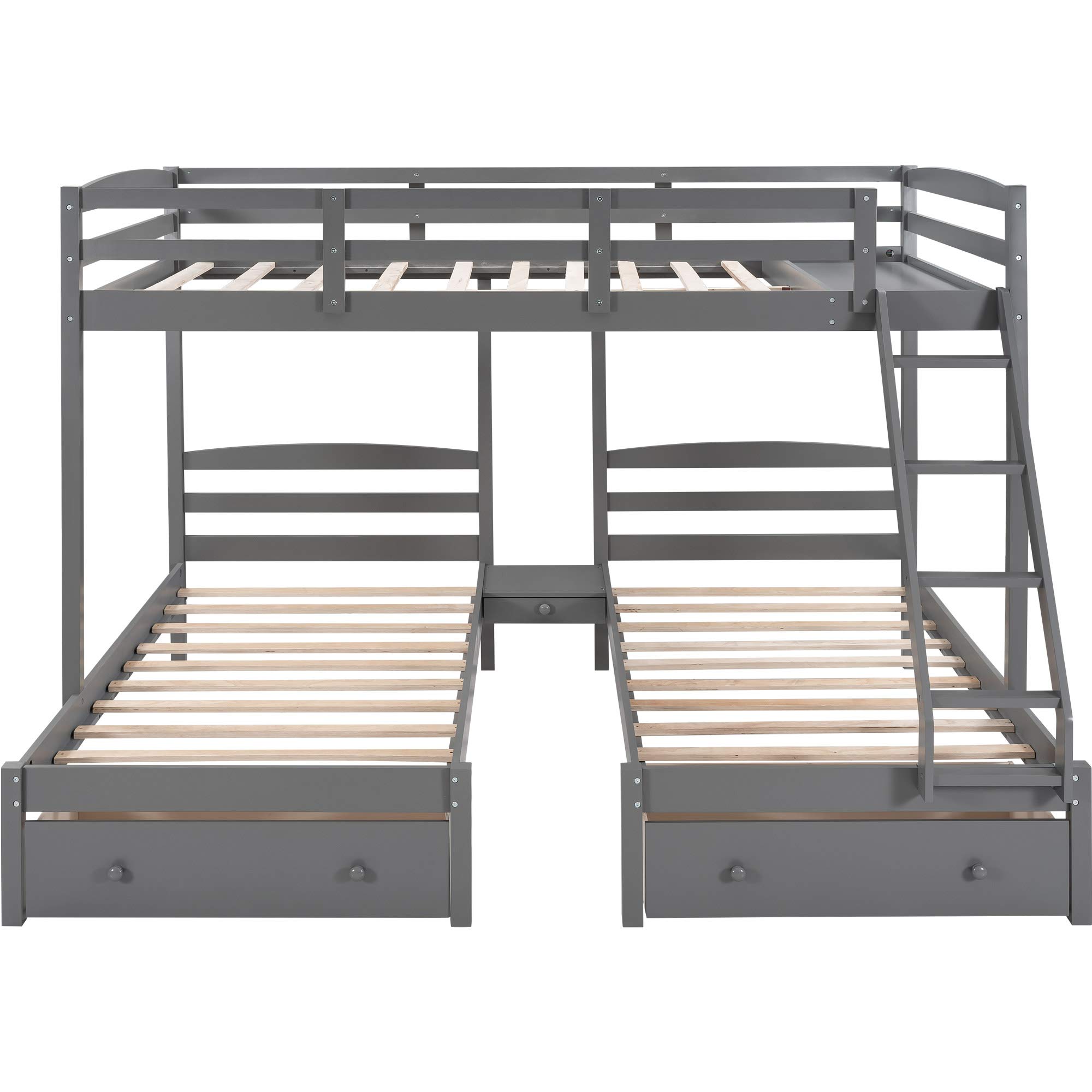 Full Over Twin & Twin Bunk Bed Frame - Solid Wood Triple Bunk Bed with Drawers & Guardrails for Kids, Teens & Adults - Space Saving Bedroom Furniture for Small Rooms, Dorms & Guest Rooms