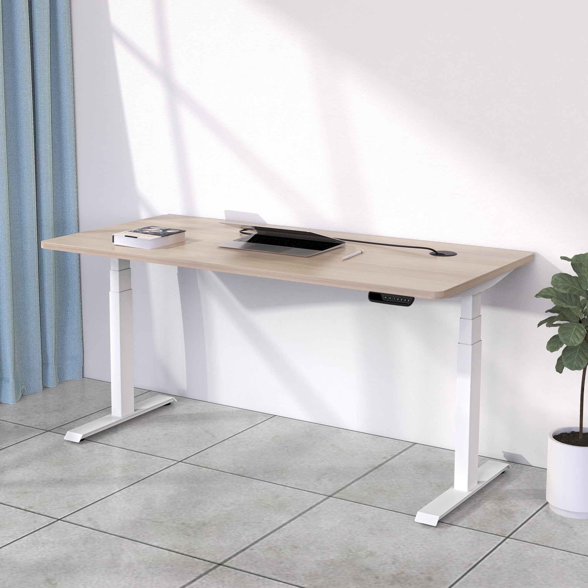 MARLO Single Workstation with Adjustable Height Lift - 1.6M Oak & White Standing Desk for Home Office, Study & Workspace - Ergonomic Computer Desk for Working, Writing & Gaming