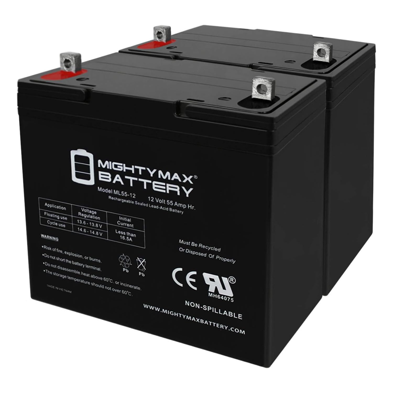 Mighty Max 12V 55Ah SLA Rechargeable Battery - 2 Pack for Wheel Horse 12 Tractor Charger | Perfect for Lawn Tractors, Golf Carts & Power Equipment
