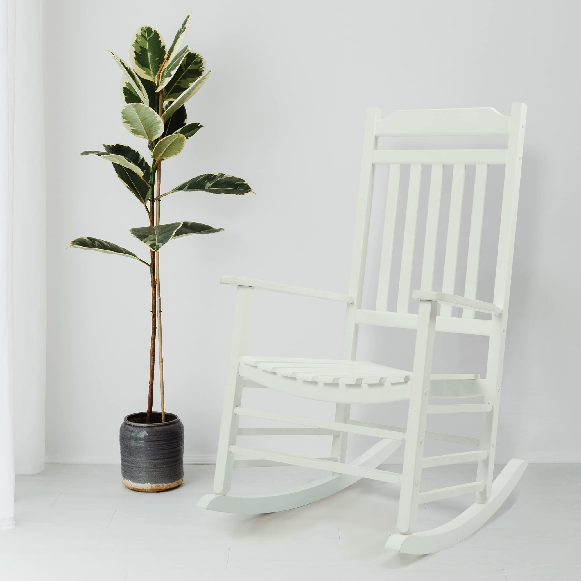 Kozyard High Back Slat Rocking Chair - Solid Wood Outdoor Rocking Chair for Front Porch, Patio, Garden or Living Room - Comfortable White Rocking Chair for Relaxing, Reading & Enjoying Nature