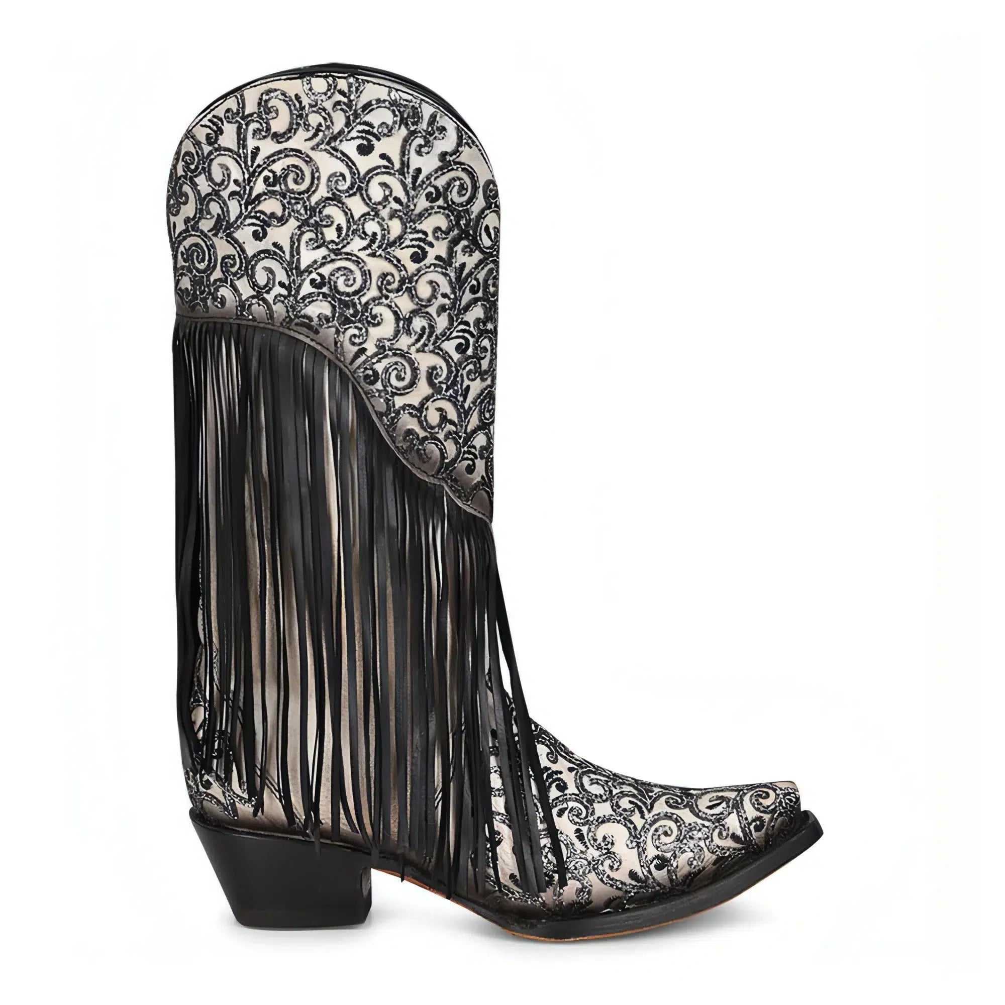 Women's Black & White Western Cowgirl Leather Fringe Boots - M Corral Style | Comfortable & Stylish for Rodeo, Country Dancing & Fashion Outfits