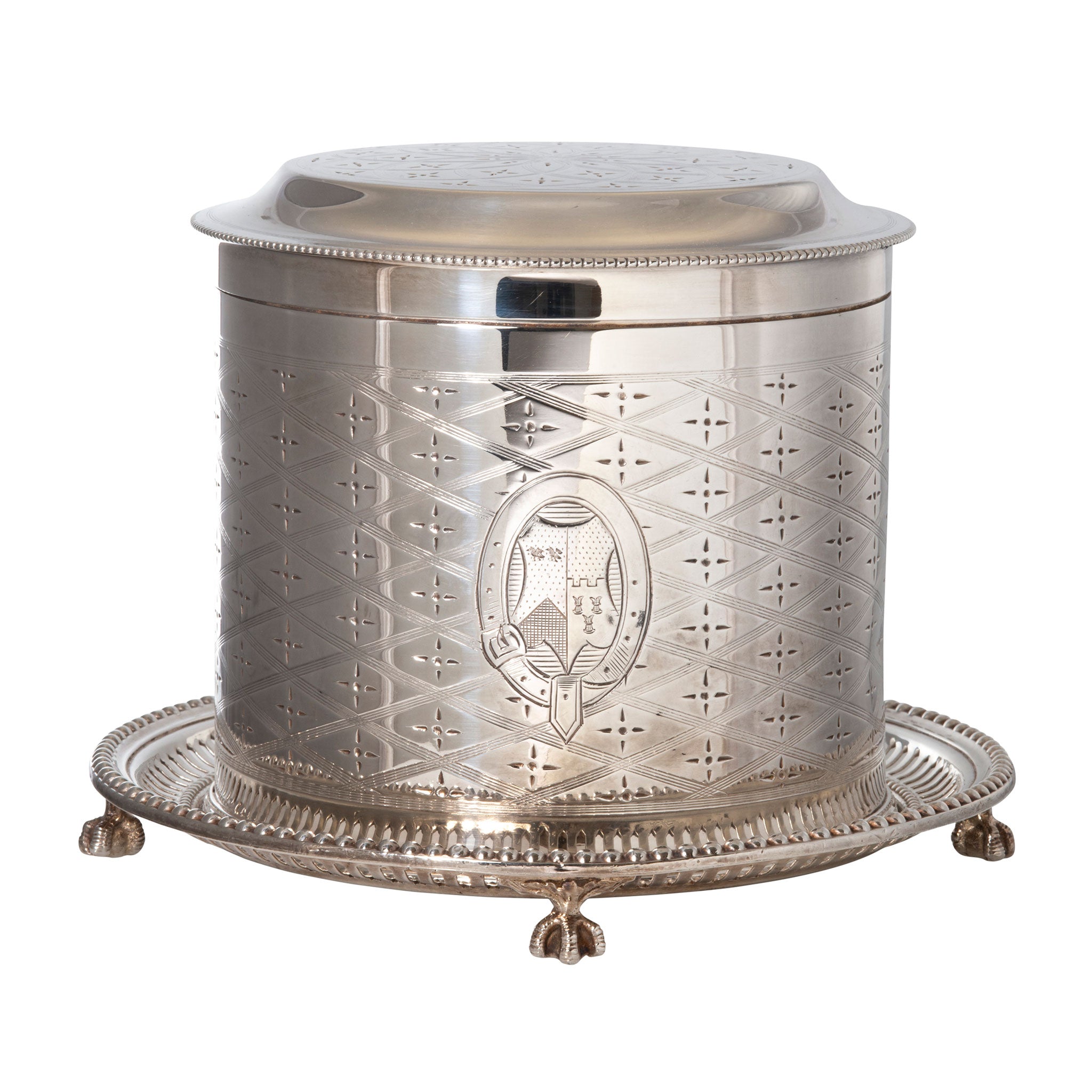 Antique Victorian Style Silver Plated Engraved Crest Biscuit Cookie Box - Elegant Tea Time Storage for Cookies, Crackers & Treats - Perfect for Afternoon Tea, Gifts & Home Decor