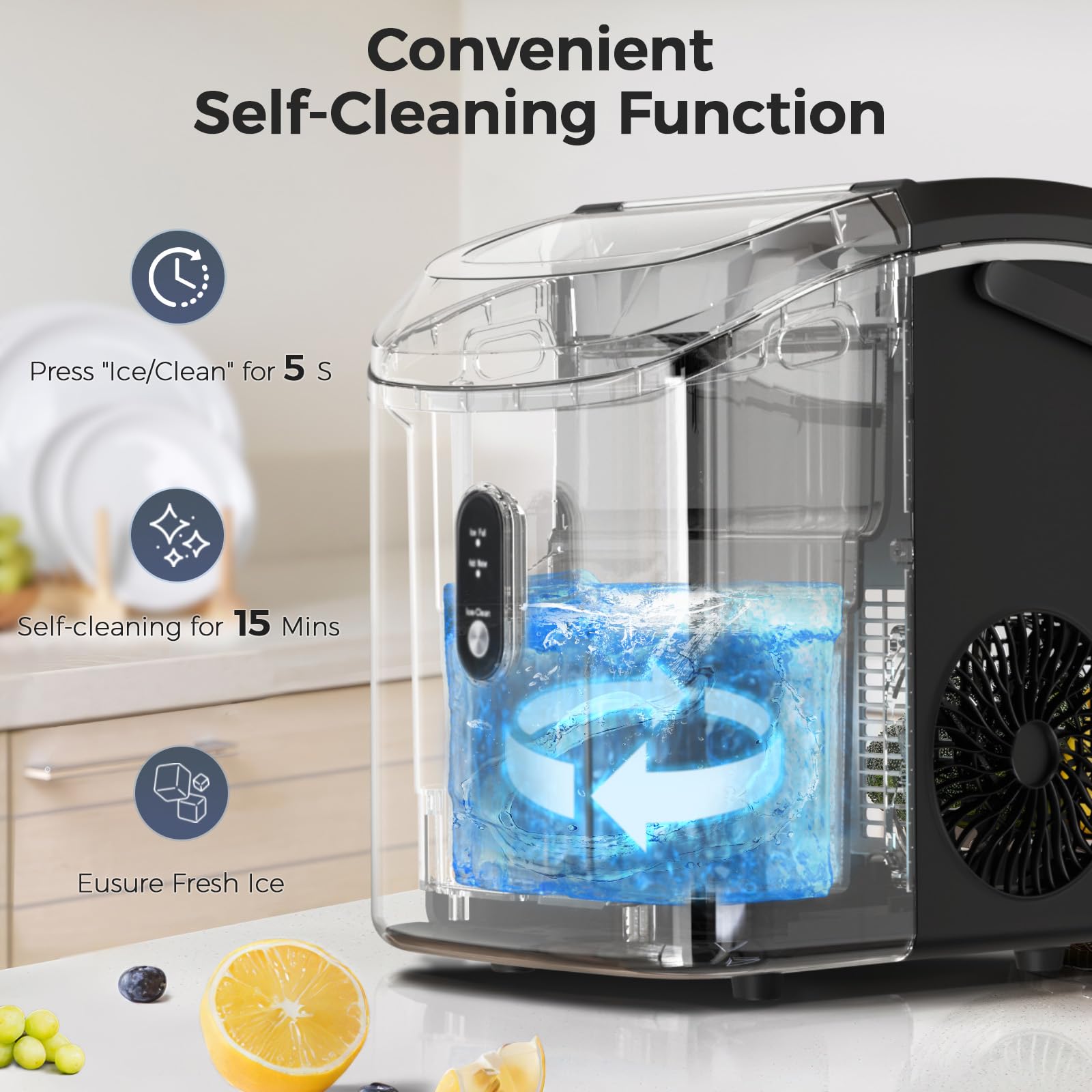 AGLUCKY Countertop Nugget Ice Maker Machine - 35Lbs/24H Portable Pebble Ice Maker with Soft Chewable Ice, One-Click Operation & Self-Cleaning Function, Stainless Steel Black - Perfect for Home Kitchen, Office, Parties & Outdoor Activities
